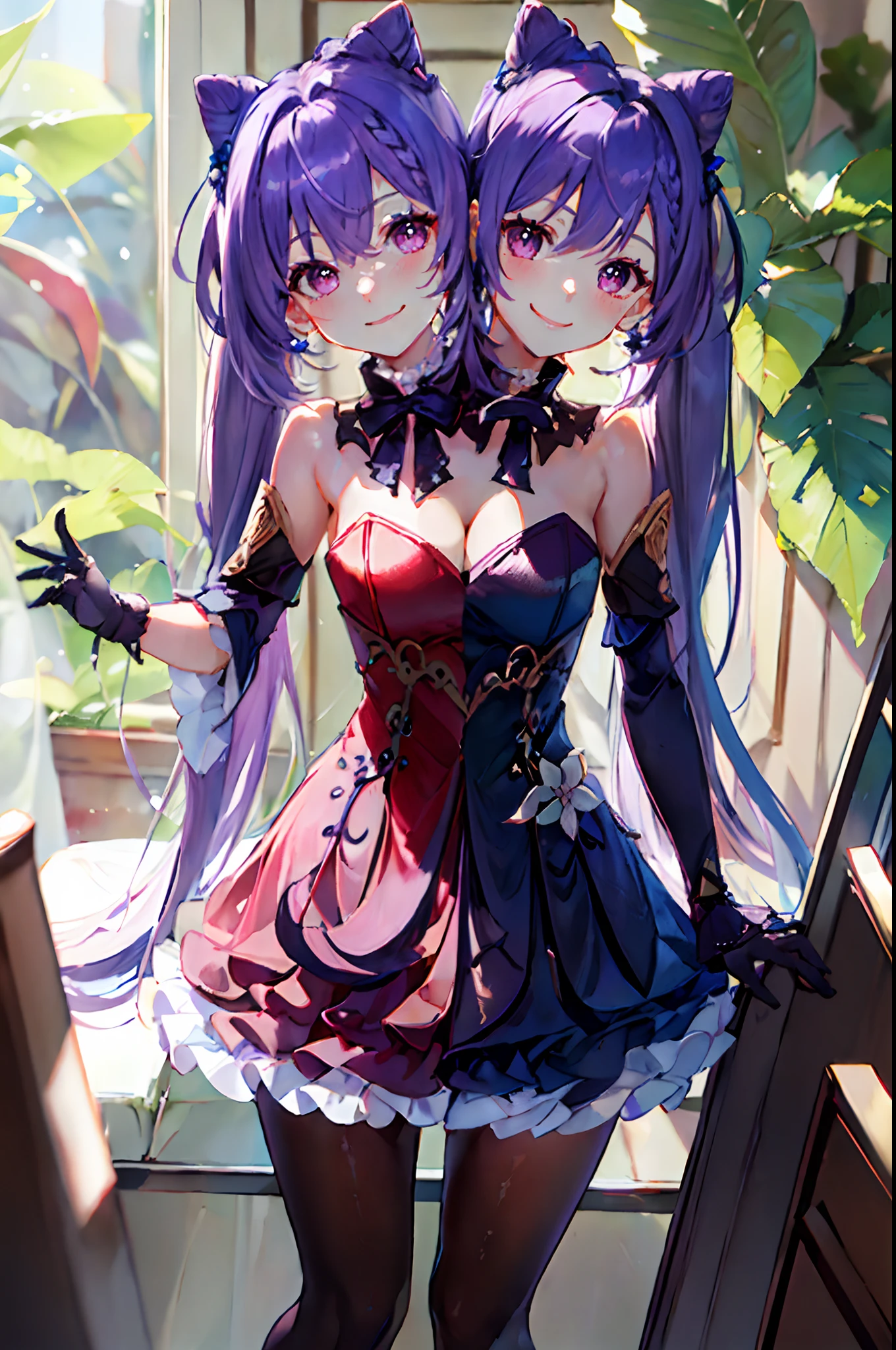 2heads, best quality, masterpiece, keqing character 2 girls, purple hair, identical hair color, same eye color, necks side by side, smiling, ((two heads, 2head):1.5)