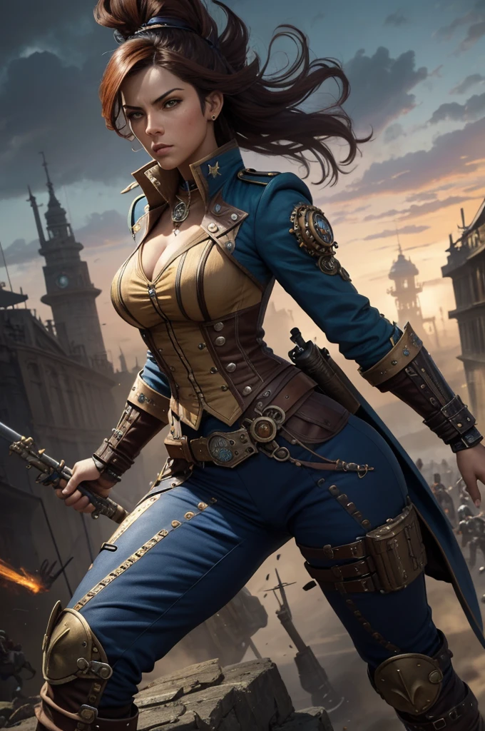 (((photograph of a gorgeous and steampunk pilot girl torn uniform)))), ((a view from below that shows the sky above)), (a gorgeous steampunk pilot girl) standing in a harbor space looking up, (full moon: 1.2), (shooting stars: 0.9), (nebula: 1.3), distant spaceship on moon freight, production art, (hot light source: 1.2), (Firefly:  1.2), lamp, very green and blue, complex details, volumetric lighting, realism BREAK (masterpiece: 1.2), (best quality), 4k, ultra-detailed, (dynamic composition: 1.4), highly detailed, colorful details, (iridescent colors: 1.2), (bright lighting, atmospheric lighting), dreamy, magical, (solo: 1.2), perfect breasts, brown vest
