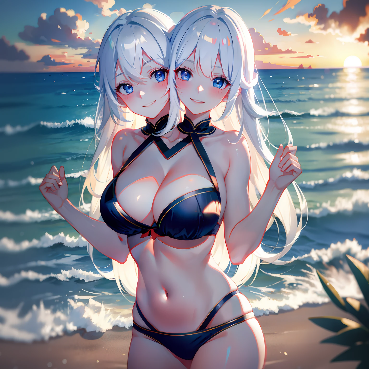 (masterpiece, best quality), best resolution, (2heads:1.5), 1girl, jingliu character, white hair, blue eyes, black bikini, blushing, smiling, different facial expressions, nervous, shy, beach at sunset, close-up