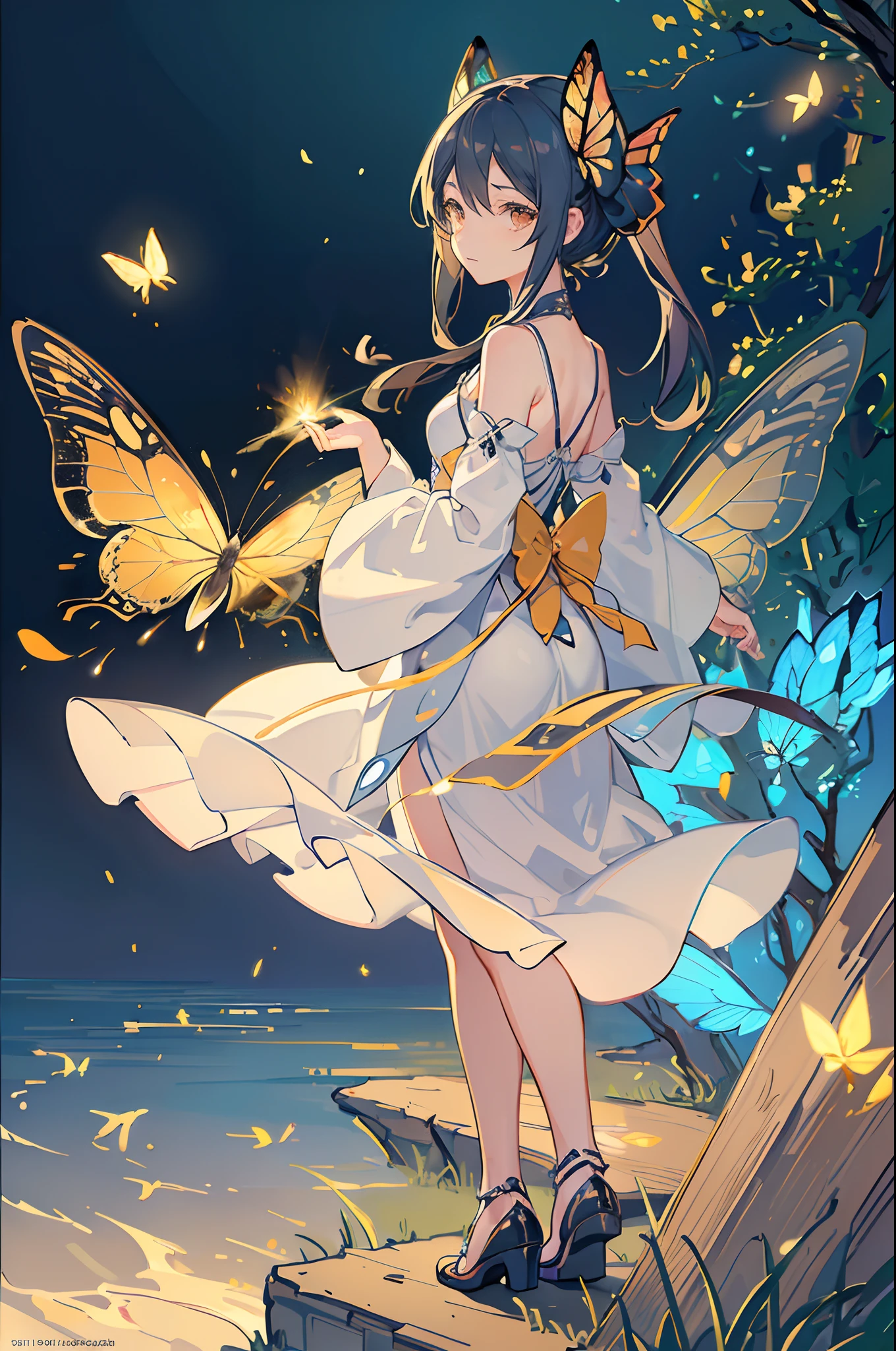 (masterpiece) , ((best quality)), (( 8k wallpaper)), ((ultra high resolution)), good composition, (ultra-detailed), illustration, beautiful art,  beautiful girl wearing a butterfly dress, dark background illuminated by fireflies