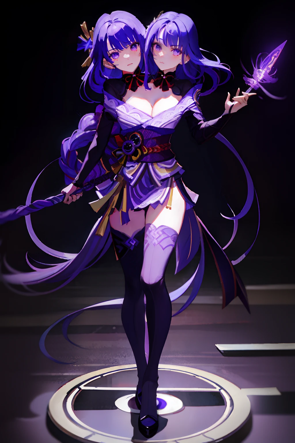 (masterpiece, best quality), best resolution, (2heads:1.5), 1girl, raiden shogun character, purple hair, long wide hair, purple eyes, standing, action
