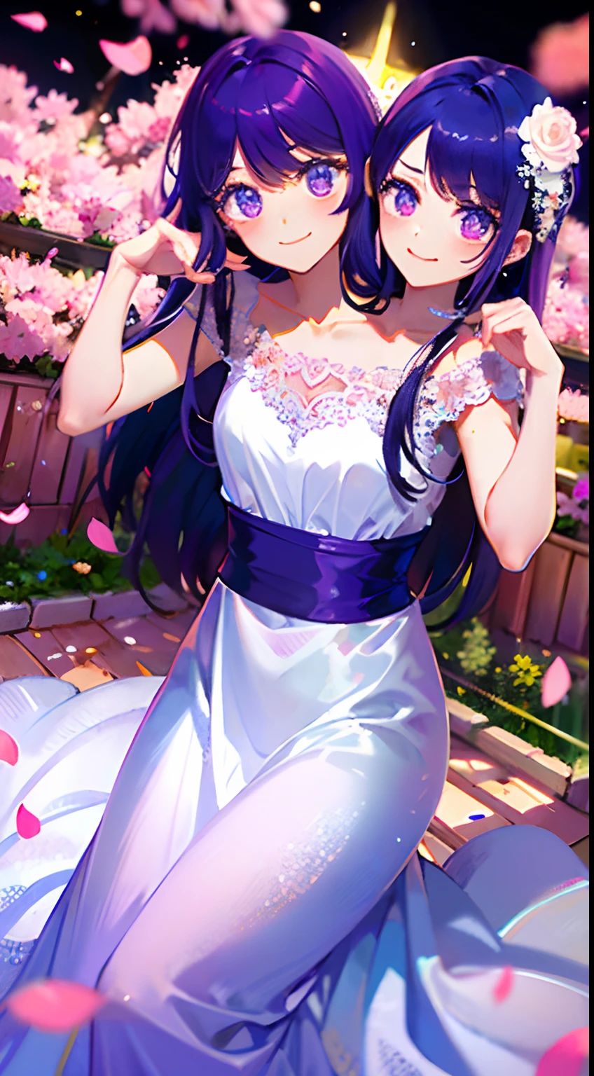 (masterpiece, best quality), best resolution, (two heads, 2heads:1.5), 1girll,((There is a five-pointed star in the eye))Gorgeous Hair in Long Purple,(wedding gown),falling flower petals,Bridge in the middle,
