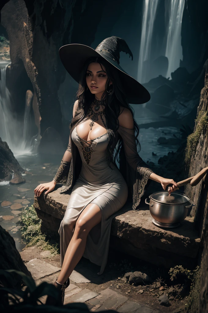 Arte estilo Artist Alex, Alligator Witch with Woman Body, cabelos branco e brilhantes, vestido banco transparente, Corpo inteiro, sombrio, Face a huge boiling cauldron, cem uma caverna, imagem 4k