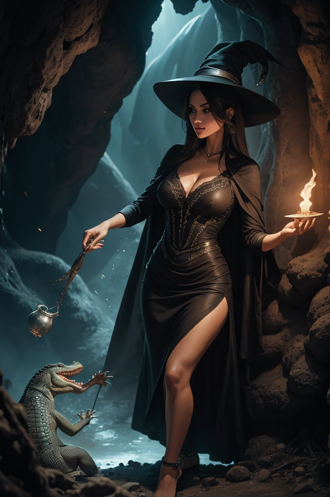 Arte estilo Artist Alex, Alligator Witch with Woman Body, cabelos branco e brilhantes, vestido banco transparente, Corpo inteiro, sombrio, Face a huge boiling cauldron, cem uma caverna, imagem 4k