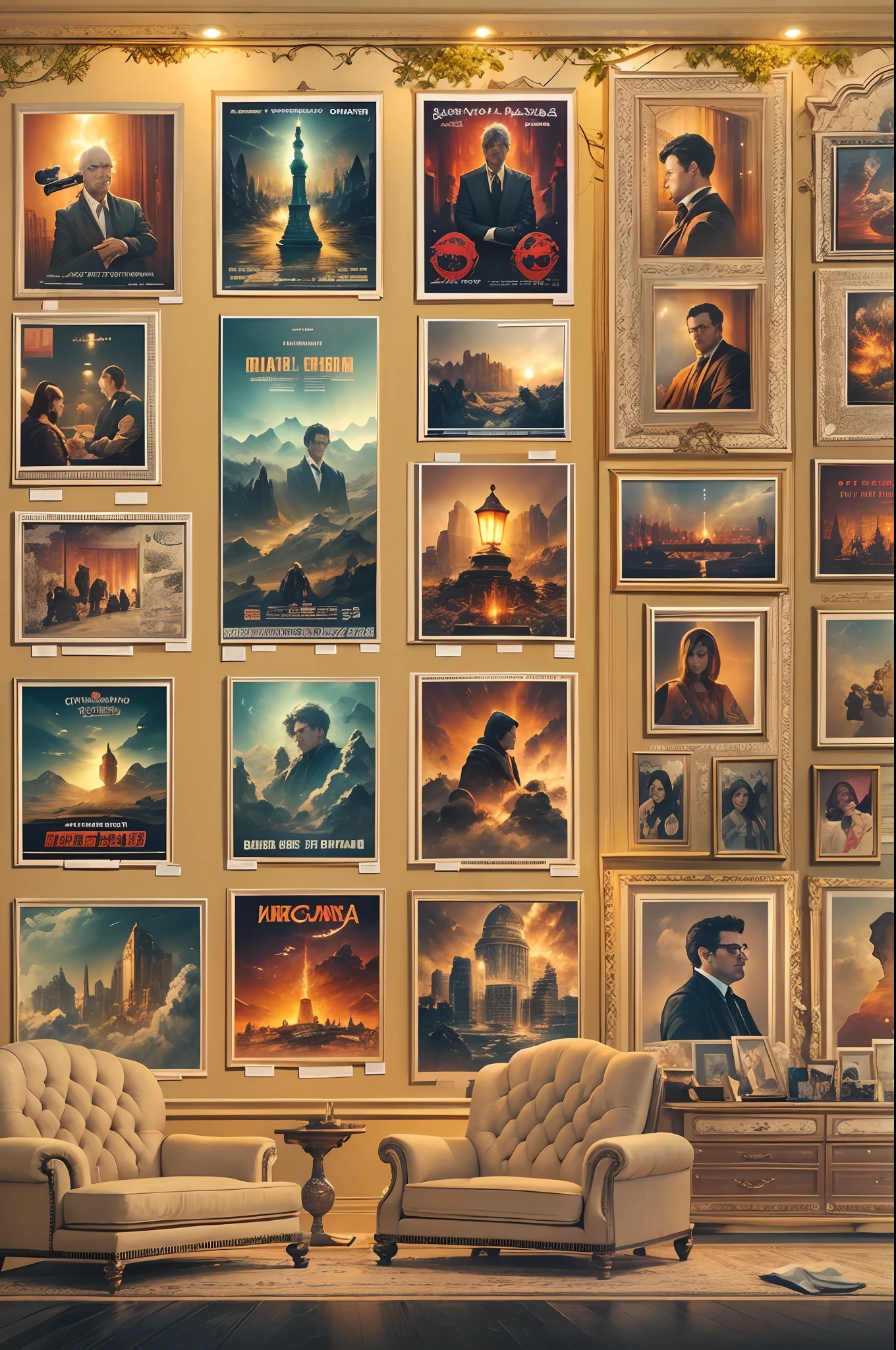 (Masterpiece, Best quality), 8K wallpaper, Highly detailed, poster for,((Movie promotional poster )),(Cinema display wall,Movie poster display),lamplight