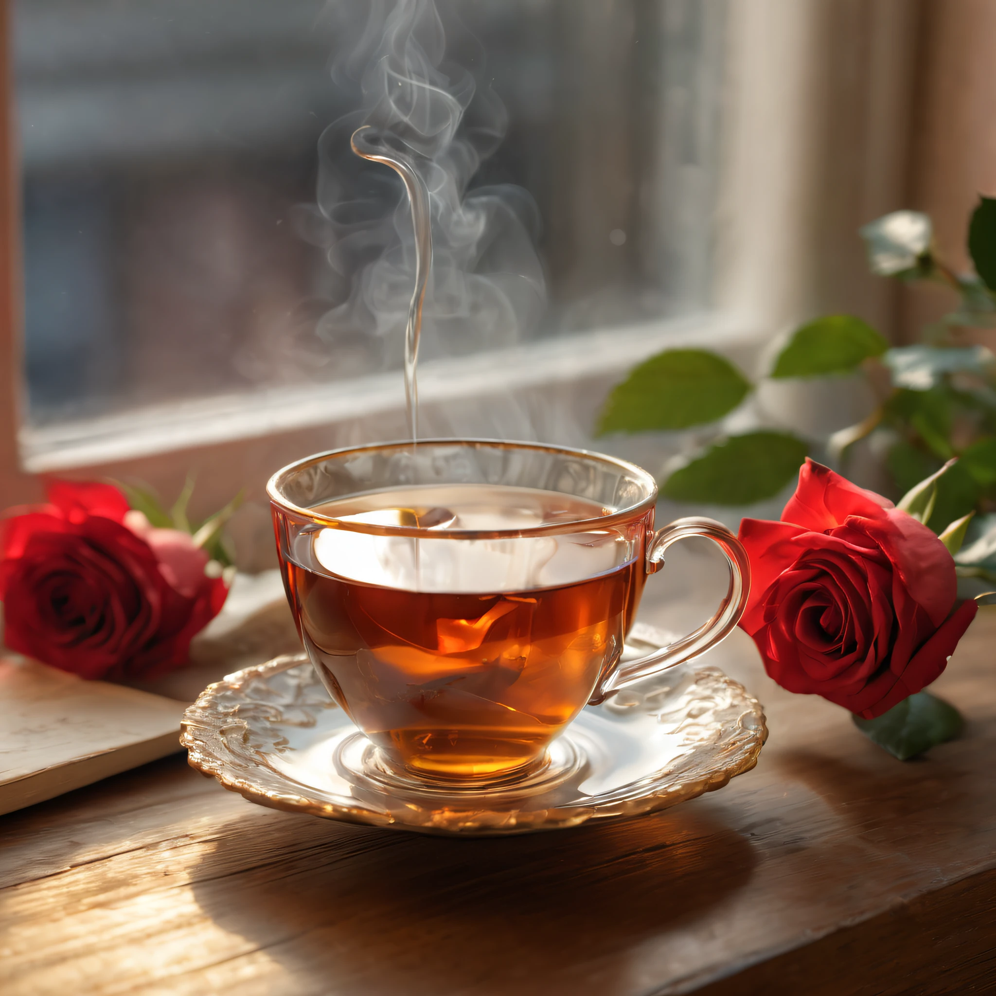 (best quality,4k,8k,highres,masterpiece:1.2),ultra-detailed,(realistic,photorealistic,photo-realistic:1.37),a cup of very hot tea,steaming hot liquid,delicate porcelain cup,morning sun pouring through window,fragrant steam rising,between hands holding it,red roses in the background,soft golden lighting,subtle reflections on the cup's surface,sparkling droplets on the cup's rim,richly colored tea leaves floating,subtle wisps of steam curling,inviting warmth,steam swirling around,meticulously hand-painted details,brilliant white porcelain,subtle brushstrokes,glossy glazed finish,wooden table with intricate patterns,various beautiful tea accessories,delicate tea leaves in the cup,delightful aroma filling the room,translucent cup revealing the depth of the tea,colorful tea bag floating,morning serenity,feeling of comfort and relaxation,subtle tea stains on the cup's saucer,fine texture of the tea leaves,small bubbles forming on the liquid's surface,perfect temperature,shadows playing on the table's surface,natural daylight illuminating the scene.