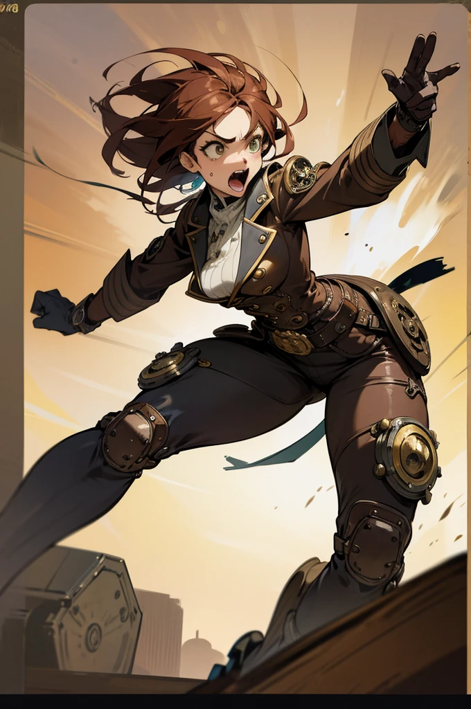 Arte em cores estilo Alex Horley, General Athletic Lined Woman Steampunk, trajando farda Azul, Dynamic shouting orders, Steampunk war scenario, Ultra HD images definition 3840x2160.