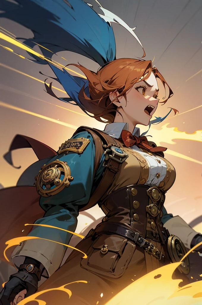 Arte em cores estilo Alex Horley, General Athletic Lined Woman Steampunk, trajando farda Azul, Dynamic shouting orders, Steampunk war scenario, Ultra HD images definition 3840x2160.