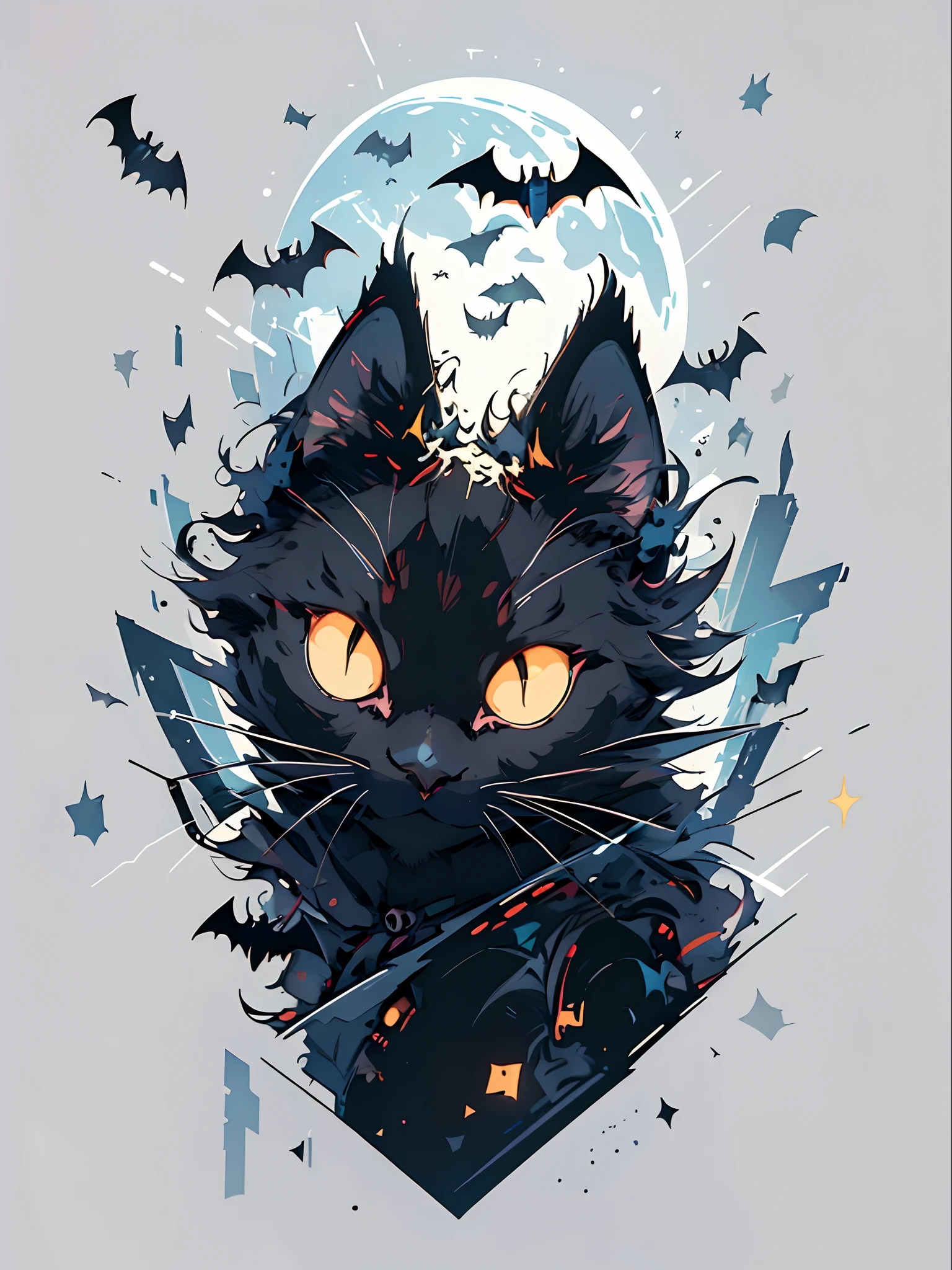 print ready vector t-shirt design, halloween scene with black cats, spiders and pumpkin, with beautiful nocturnal moon and bats in the background, clean white background, professional vector, full shot, 8K resolution, deep impressionillustration
