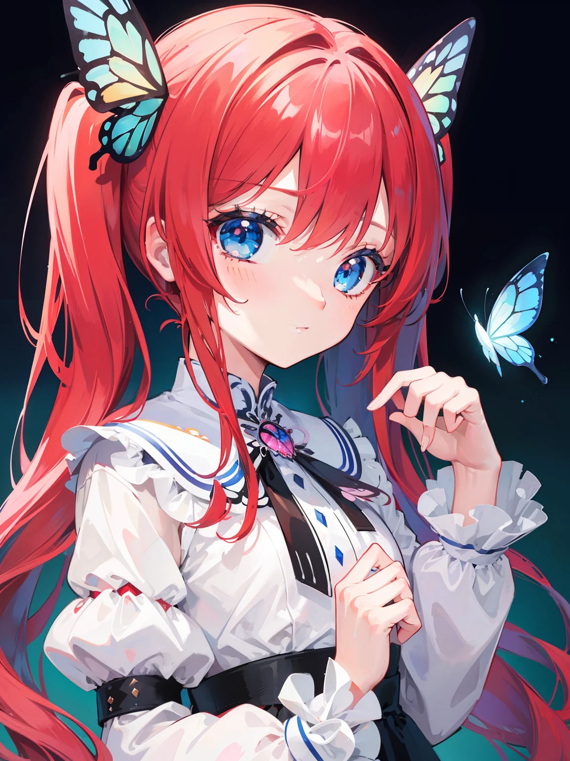 {{best quality}}, {{masterpiece}}, {{ultra-detailed}}, {illustration}, {detailed light}, red hair, blue eyes, girl, little girl, butterfly,Twintails,loli,cute,Kawaii