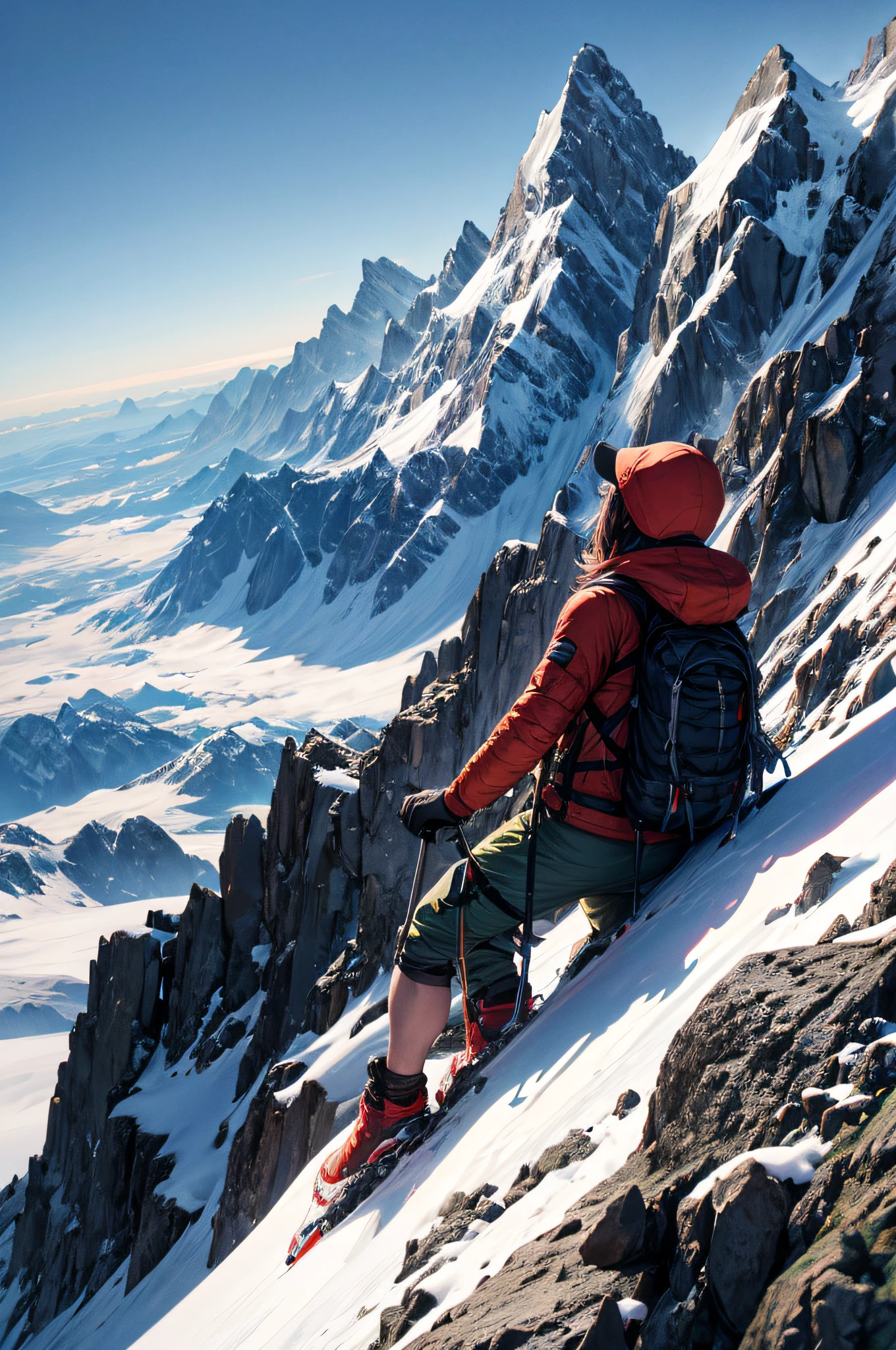 The hiker, having reached the mountain's summit, is now standing at the peak, gazing at the breathtaking view that stretches out before them. It's a moment that validates every struggle.