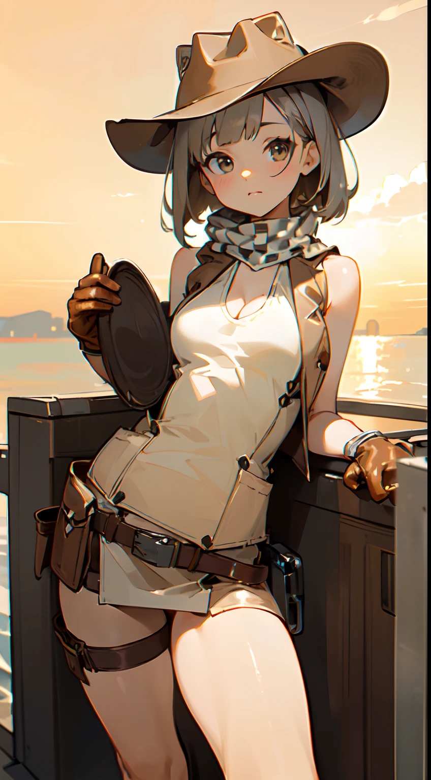 top quality,16K, masterpiece, beautiful high school girl, Light brown beautiful bob hair, Light brown beautiful eyes, looking at viewer, Light brown medium bob hair, plump breast, standing open legs, sunset seashore, orange sky, beautiful clouds,
BREAK (beige and brown theme:1.4), (ten-gallon hat:1.5), (wear a (open beige leather vest) over a white tank top:1.5), ((sleeveless, bare shoulders, cleavage):1.3), (beige mini-skirt with fringe:1.4),
BREAK (white inner:1.2), (checkered-pattern cowboy-scarf:1.2), (silver oval belt-buckle:1.3), (western-boots with spur:1.1), (holster on belt:1.3), (brown leather gloves:1.2),