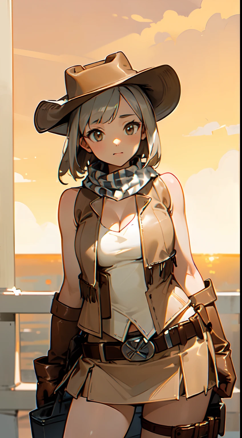 top quality,16K, masterpiece, beautiful high school girl, Light brown beautiful bob hair, Light brown beautiful eyes, looking at viewer, Light brown medium bob hair, plump breast, standing open legs, sunset seashore, orange sky, beautiful clouds,
BREAK (beige and brown theme:1.4), (ten-gallon hat:1.5), (wear a (open beige leather vest) over a white tank top:1.5), ((sleeveless, bare shoulders, cleavage):1.3), (beige mini-skirt with fringe:1.4),
BREAK (white inner:1.2), (checkered-pattern cowboy-scarf:1.2), (silver oval belt-buckle:1.3), (western-boots with spur:1.1), (holster on belt:1.3), (brown leather gloves:1.2),