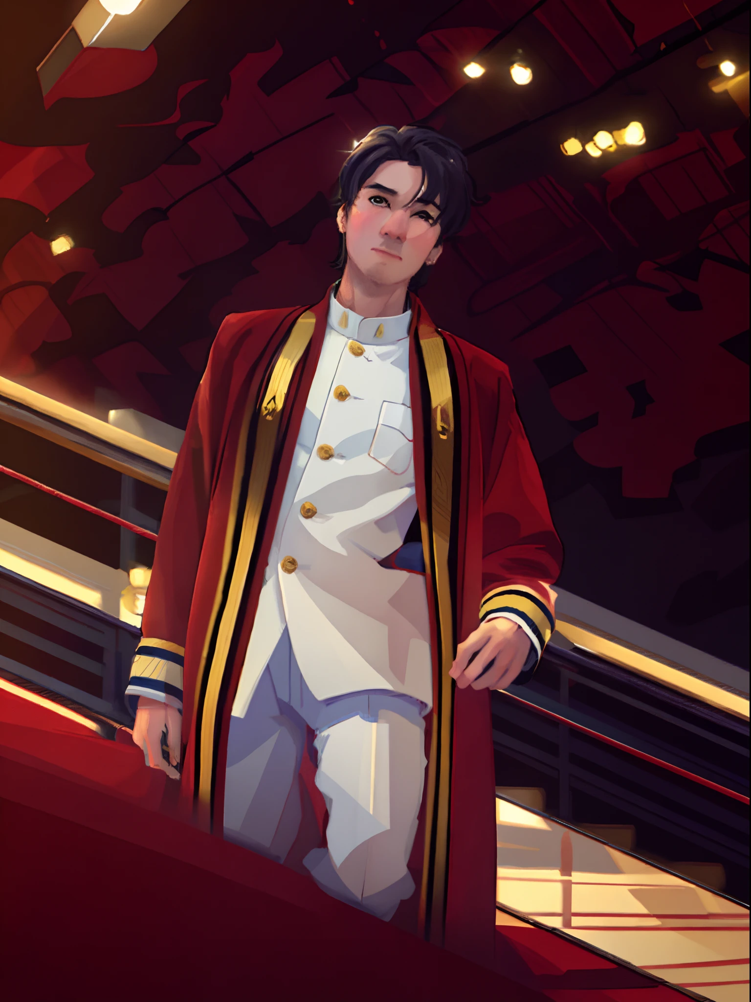 (best quality,4k,8k,highres,masterpiece:1.2),illustration,lineart,texture,man in a red robe with gold stripes and a white undershirt,silk fabric,fine embroidery,detailed face,sharp focus,studio lighting,vivid colors,realistic,colorful background,intense gaze,confident posture,majestic aura,subtle shadows,dramatic lighting,meticulous brush strokes,rich texture,artistic flair