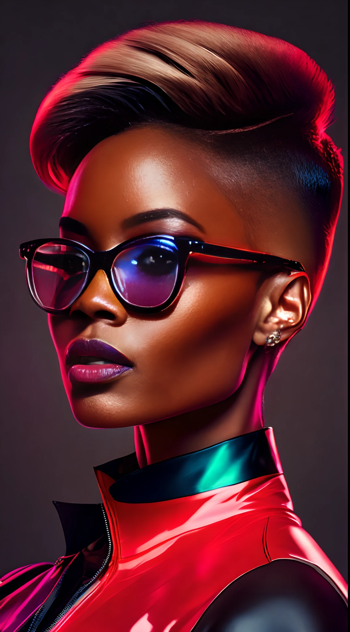 an AFRICAN woman a pair of glasses, Tapered hair, well cut, well shaved on the sides and back, style, a crazy piece in the 90s piece, brincos, Colorful Trackextura latex jacket, glamour da cor do retrato, retrato colorido detalhado, retrato de alta qualidade, cor neon sangrar, Retrato colorido, color studio portrait, cores ultravioleta e neon, full-colour illustration, cores vibrantes hiper realismo, cores neon vibrantes, pop e cores vibrantes, moda colorida, cor neon, cor estilo cyberpunk, iridescent illustration(best quality,alto,ultra-detalhado,Realistic:1.37),retrato,personagem feminina,red latex military jumpsuit,(encaixe apertado,recuado,preciso,elaborar),Solid Bottom Shaved Side Hair Short Top, corte de cabelo preto pixie undercut, cabelos naturais, cabelos cacheados e curtos, laterais raspadas, short hair on sides of head, cabelo preto curto com gel, corte de cabelo de cortina curta preta, cabelo curto preto encaracolado, contornos definidos suavesserious (fotografia digital extremamente detalhada: 1.2), Standing in the middle of the city, (((corpo inteiro))), imagem crua,, Hasselblad, 50asa, f8, 12 millimeters, efeitos de brilho, raios de deus, handdrawn, emprestar, 8k, octan render, Cinema 4D, liquidificador, Escuro, atmospheric 4k ultra detailed, cinematic sensual, foco nítido, humorous illustration, grande profundidade de campo, obra-prima,