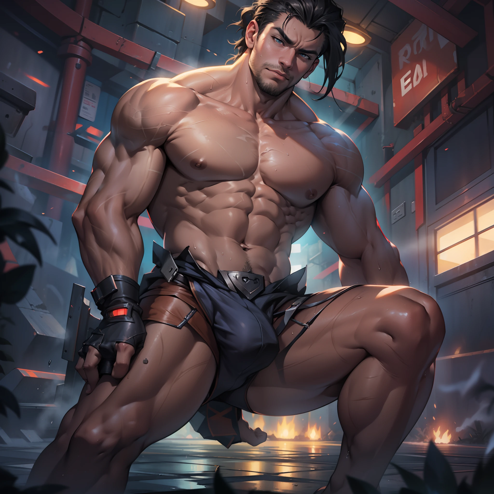 A tall muscular boy , Naked , Legs spread , impact , Sweaty , Wet , Seductive , Bigboobs , large bulge , big balls ,(look from down) , From the knees , big assa,(The whole body of the character),Correct anatomy,CG sense,Dark atmosphere,8K,Cinematic lighting effects