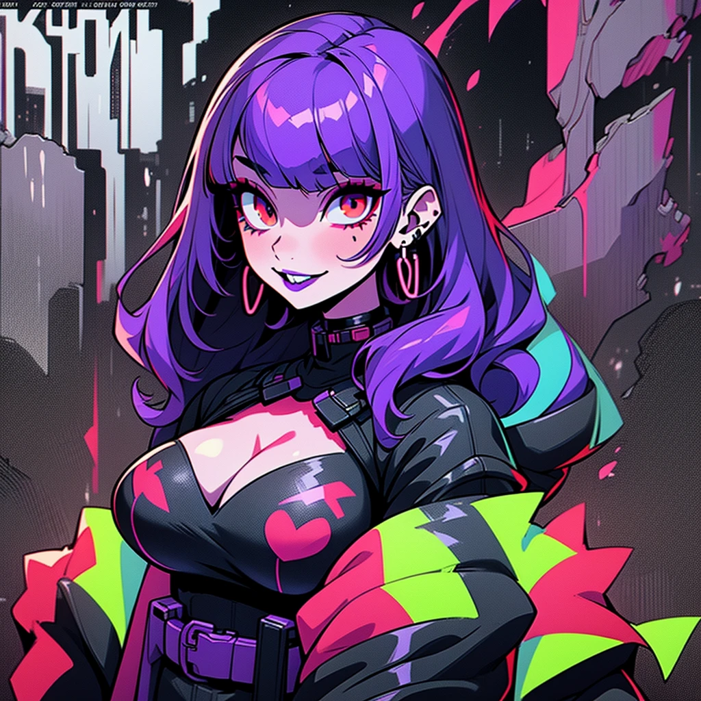 ((solo)). female character around 30 years old. mature body with large breasts and cleavage. wearing black clothing, a cyberpunk style outfit. she has a cheeky smile. red eyes. long purple hair with straight bangs. She wears eyeliner and black lipstick on her lips. she looks a model on a magazine cover. a combined neon and greyscale color style. the background has rain