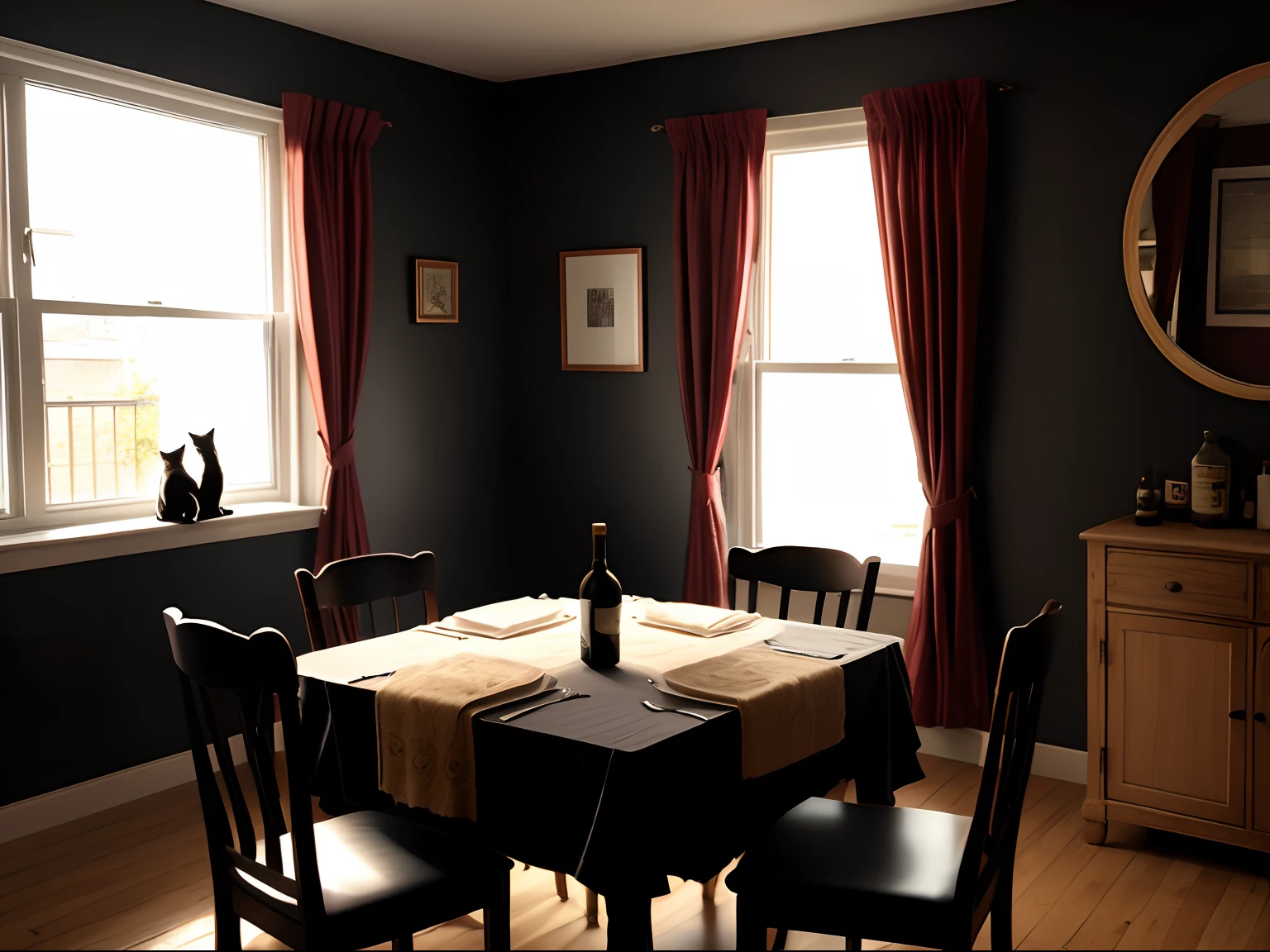 natta antique a room drapes Window Wine Red sundry goods The table a chair Dark wallpaper Painting of a black cat