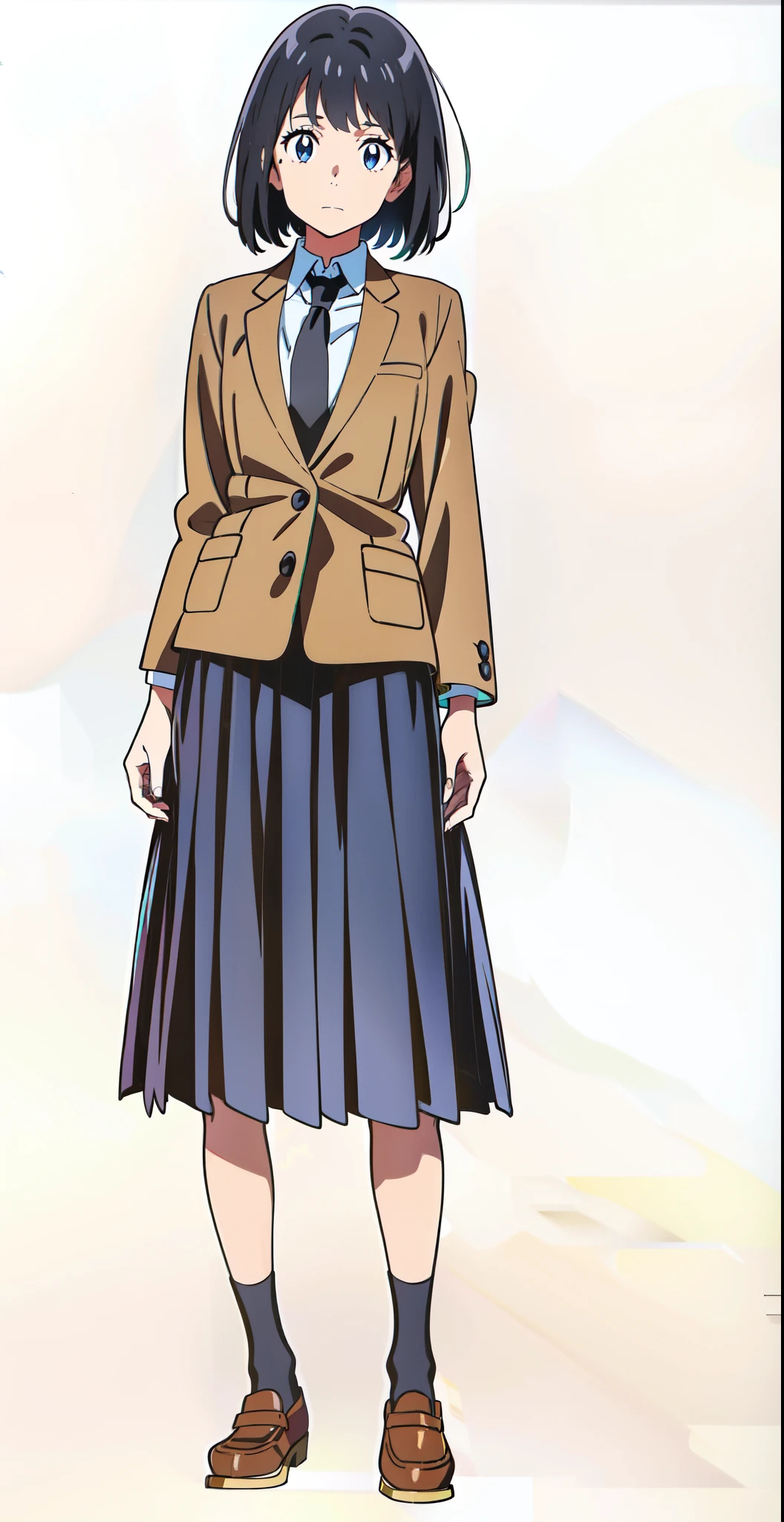 (black skirt:1.5), (anime:1.5), (official art:1.5), (white background:1.0), (best quality:1.0), (masterpiece:1.0), (full body:1.0), (solo:1.0), (a 18yo cute girl:1.0), (long skirt:1.0), (dark blue skirt:1.0), (pleated skirt:1.0), (school uniform beige blazer:1.0), (dark blue necktie:1.0), (black socks:1.0), (loafers:1.0), (ideal ratio body proportions:1.0), (lanky:1.0), (tall:1.0), (slender:1.0), (small breasts:1.0), (smaller face:1.0), (tareme:1.0), (detailed beautiful eyes:1.0), (detailed beautiful face:1.0), (glowing black eyes:1.0), (bob cut hair:1.0), (black hair:1.0)
