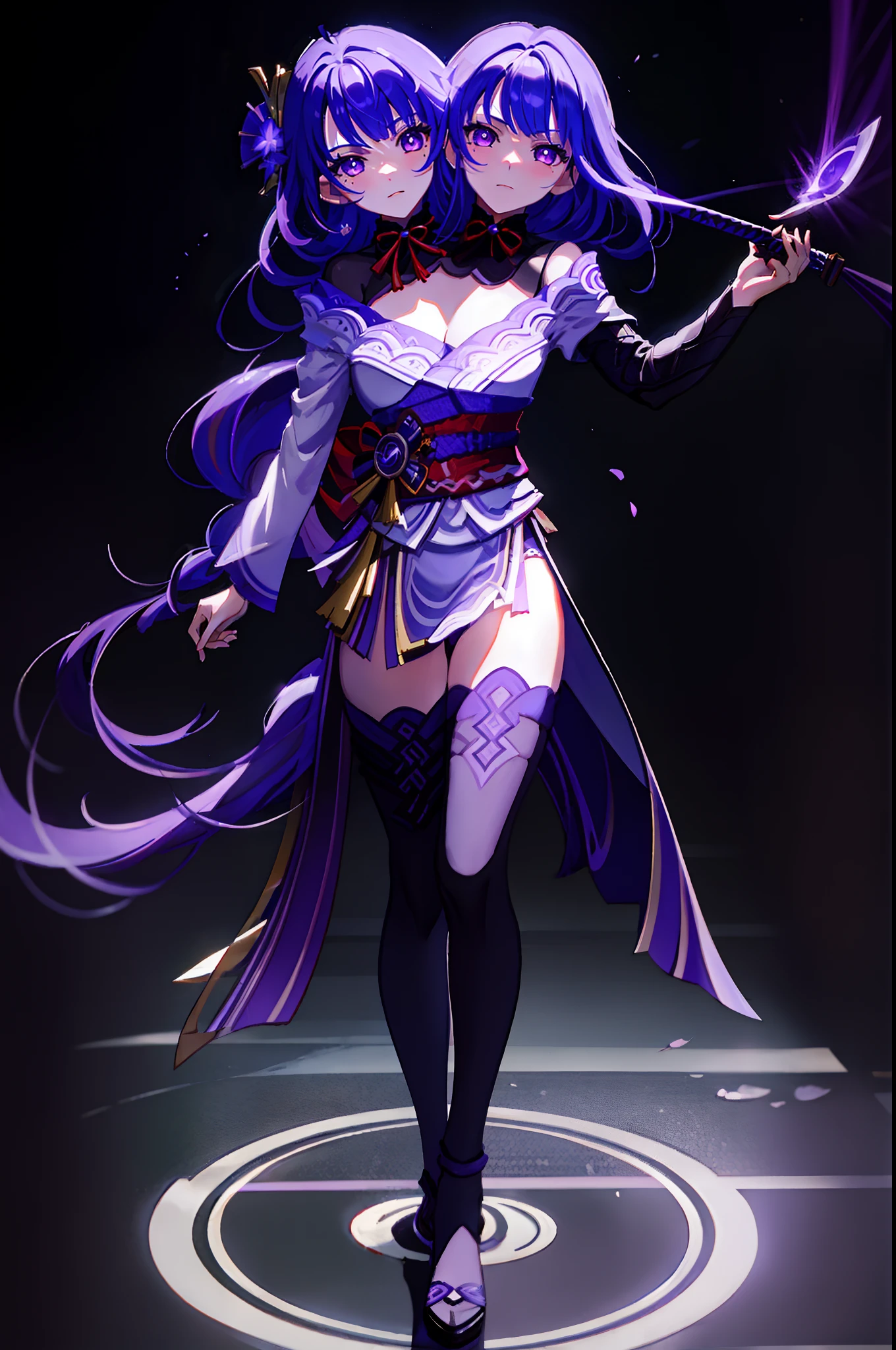 (masterpiece, best quality), best resolution, (2heads:1.5), 1girl, raiden shogun character, purple hair, long wide hair, purple eyes, standing, action