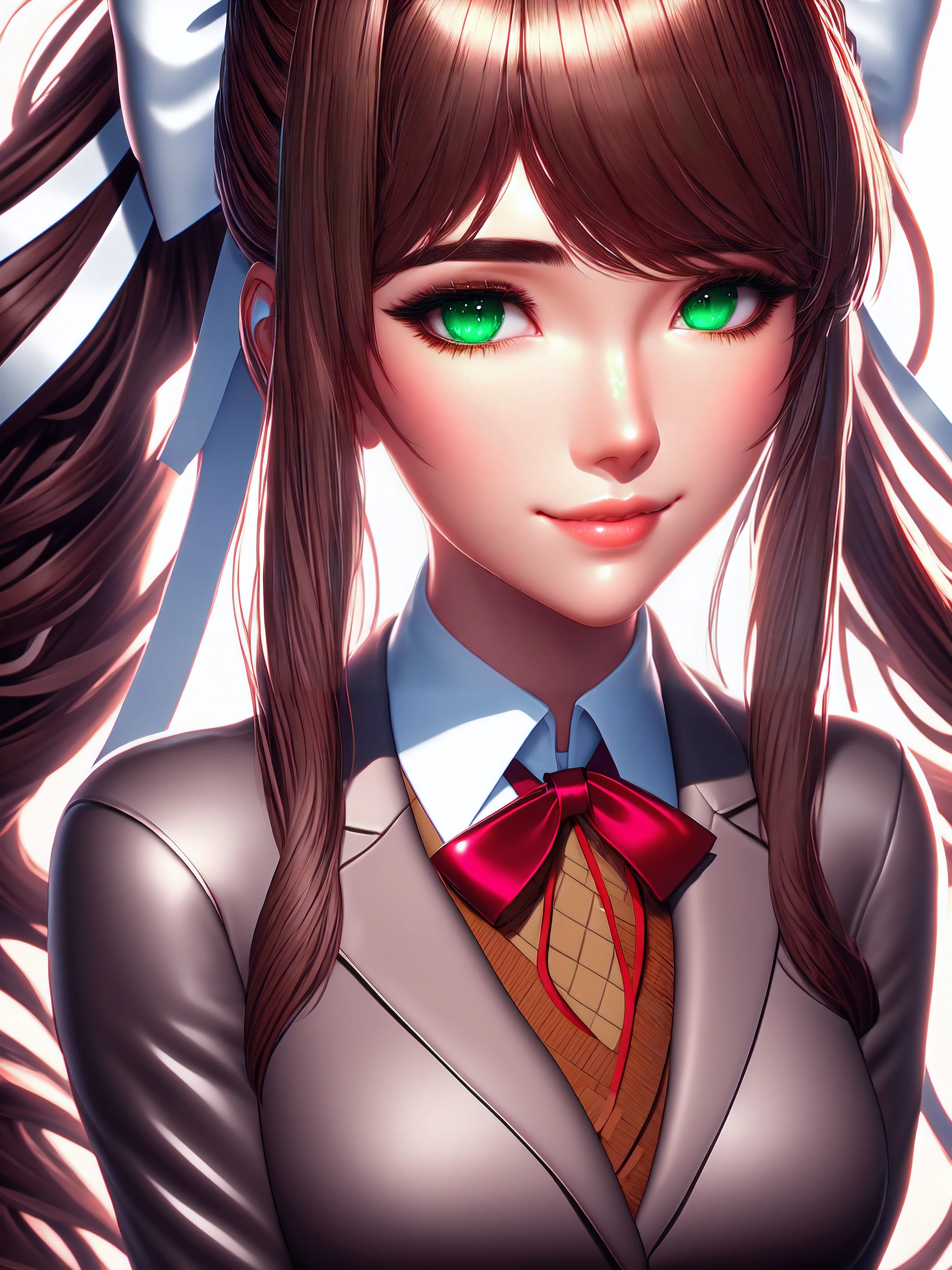 Monika, long brown hair with slightly wavy ends. A large white ribbon is tied into a bow on the right side of her head. She has side-swept bangs that brush her forehead, standard female school uniform, aura of discipline and elegance, warm gray blazer, upright posture, brown wool vest, immaculate white shirt, red ribbon on the collar. Maximum sharpness, UHD, 16K, anime style, best possible quality, ultra detailed, best possible resolution, Unreal Engine 5, perfect, more detail.