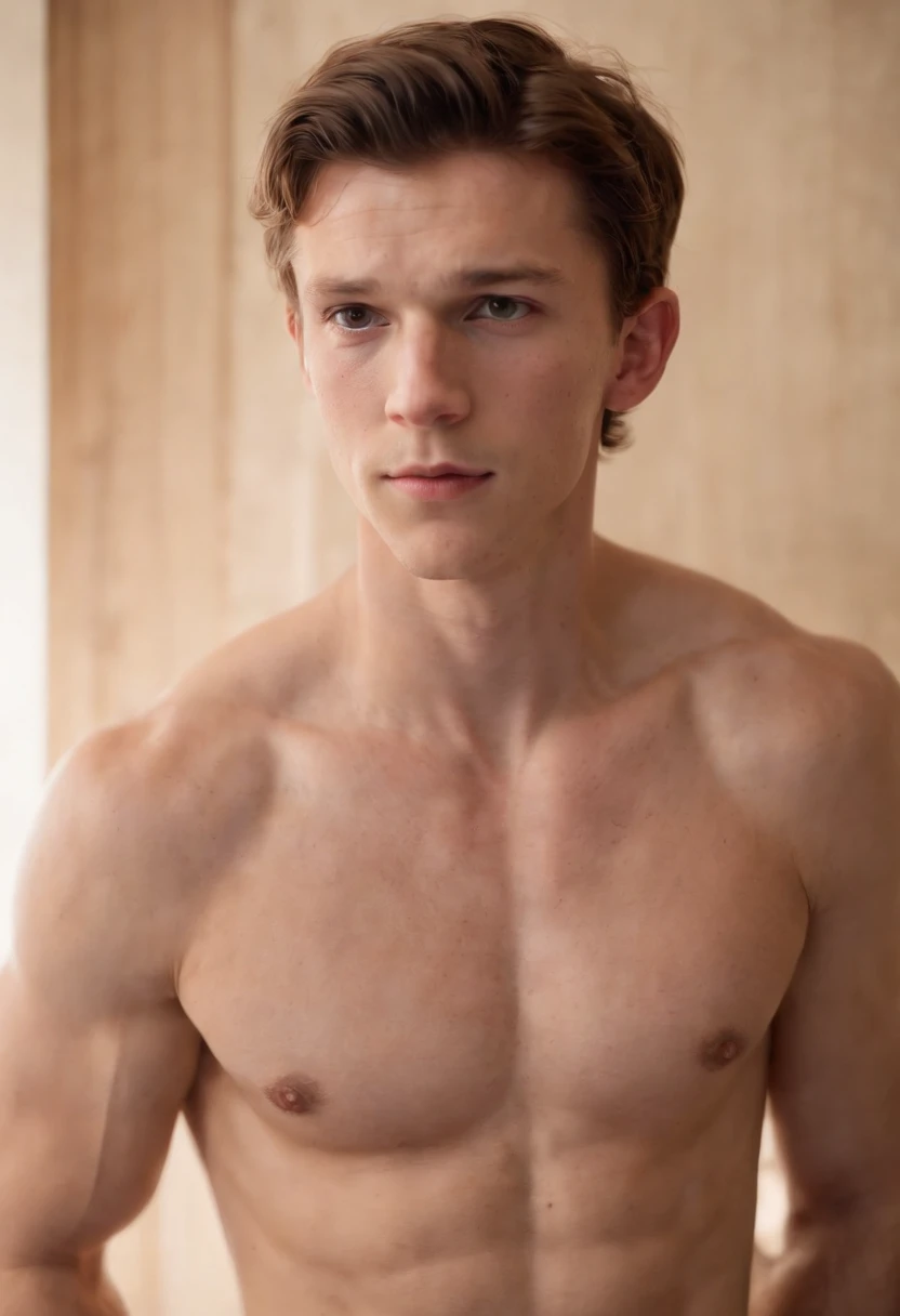tom holland, (half body shot), (low angle camera shot), inside a cabin, (exposed big hairy chest and abs:1.4), unzipped brown jacket exposing his big pecs and abs and hairy chest, looking at viewer, tom holland, (extremely accurate and detailed facial features fo tom holland:1.2) , large bare feet, big bulge in crotch, muito bonito, Beautiful, long neck, hairy chest, protruding ears, big nose, freckles. showing big feet. large erect penis, hairy body, ginger