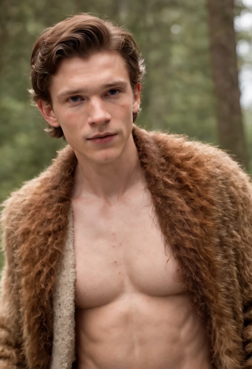 tom holland, (half body shot), (low angle camera shot), inside a cabin, (exposed big hairy chest and abs:1.4), unzipped brown jacket exposing his big pecs and abs and hairy chest, looking at viewer, tom holland, (extremely accurate and detailed facial features fo tom holland:1.2) , large bare feet, big bulge in crotch, muito bonito, Beautiful, long neck, hairy chest, protruding ears, big nose, freckles. showing big feet. large erect penis, hairy body, ginger