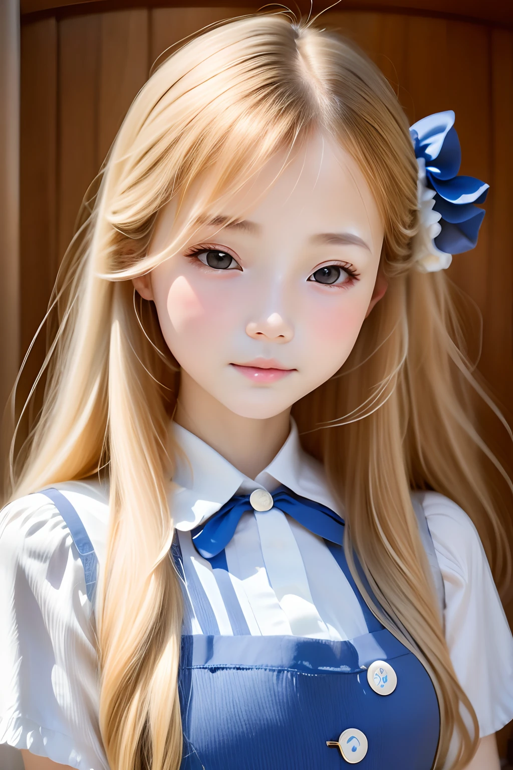 highest quality, ultra high resolution, realistic, cute girl pictures, detailed face, (Pueros face_V1:0.008), alice in wonderland, **yo, blonde wavy hair, white apron, blue clothes, playing card pattern background, no makeup