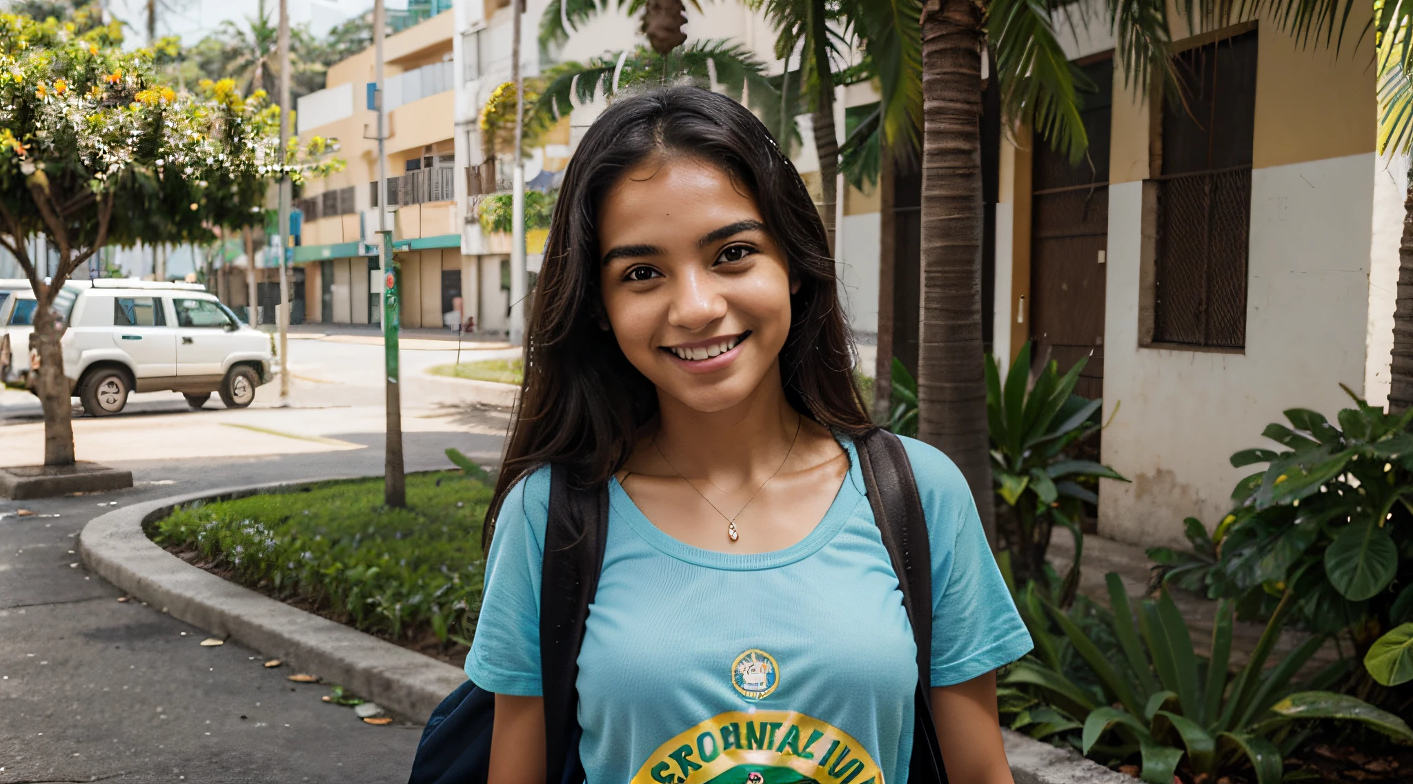 Create an image of a Brazilian student from Rio de Janeiro, walking on the university campus. She has brown skin and straight, black hair that gently falls over her shoulders. Her eyes are brown and expressive, reflecting the typical liveliness and joy of Brazilian people. The student is wearing a short-sleeved blue blouse, typical of Brazil's tropical climate. She carries a student backpack on her back, adorned with colorful patches that represent her creative and easy-going personality. Her smile is contagious, revealing the kindness and friendliness common among Brazilians. As she walks through the campus, palm trees and other tropical plants in the background highlight the tropical environment of Rio de Janeiro. Please capture all the details that make her a typical student from Rio (Carioca), and ensure that the image conveys the authenticity and warmth characteristic of Brazilian people