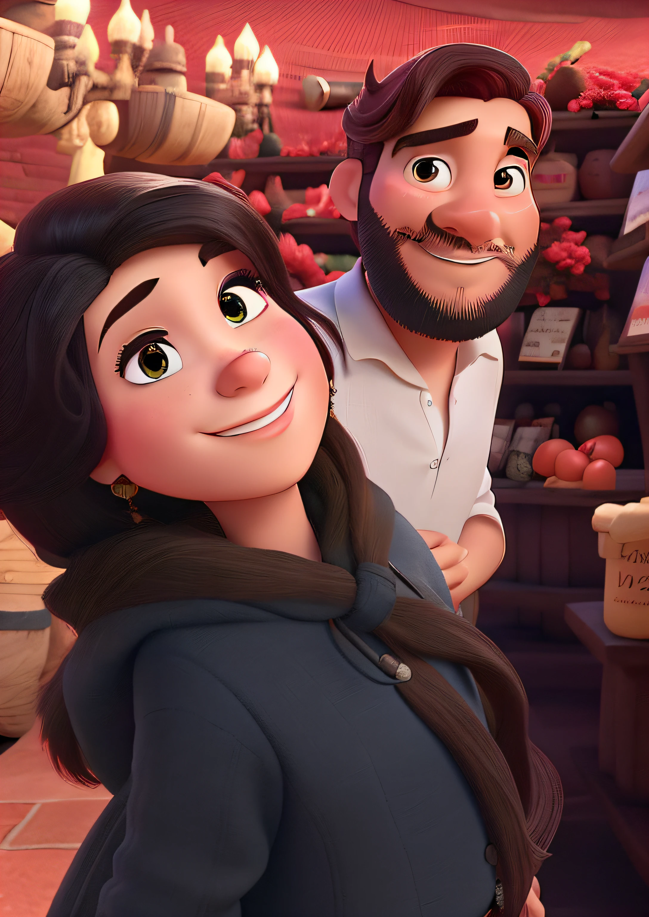 Um homem moreno e uma mulher branca estilo disney pixar, alta qualidade, melhor qualidade, Against the backdrop of a winery