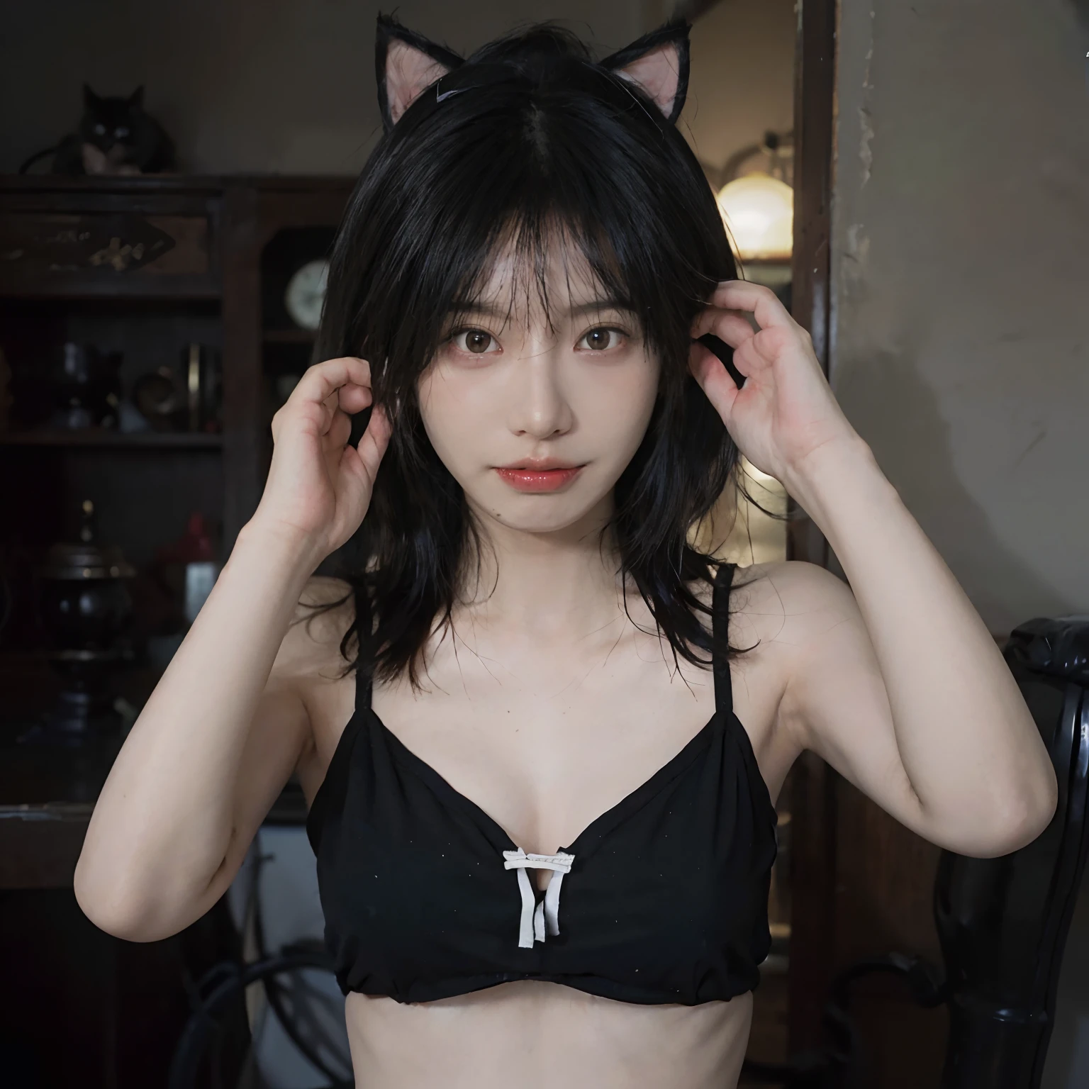 8K,((NSFW))、(Sexy poses collection)、((in one's underwear only))、(((Black hair color))) 、(((Black cat ears)))、undersized head、Best Quality, masutepiece, Ultra High Resolution, (Realism: 1.4), Original photo, (True skin texture: 1.3), (Film grain: 1.3), Beautiful eyes and face details, masutepiece, Best Quality, close up, Full body、short-cut、18year old、