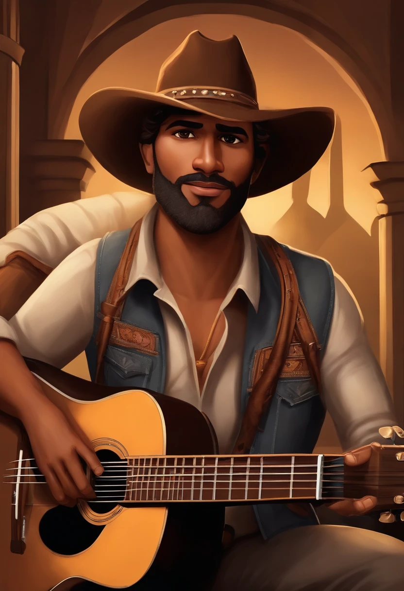 crie um banner no estilo Pixar. A man with Indian features, Brown brunette in cowboy hat, olhos Castanhos escuros, com barba preta, Curly and slightly grayish appearance, mas adulto, usando uma jaqueta marrom, Wearing jeans and holding a classical guitar with 7 strings.