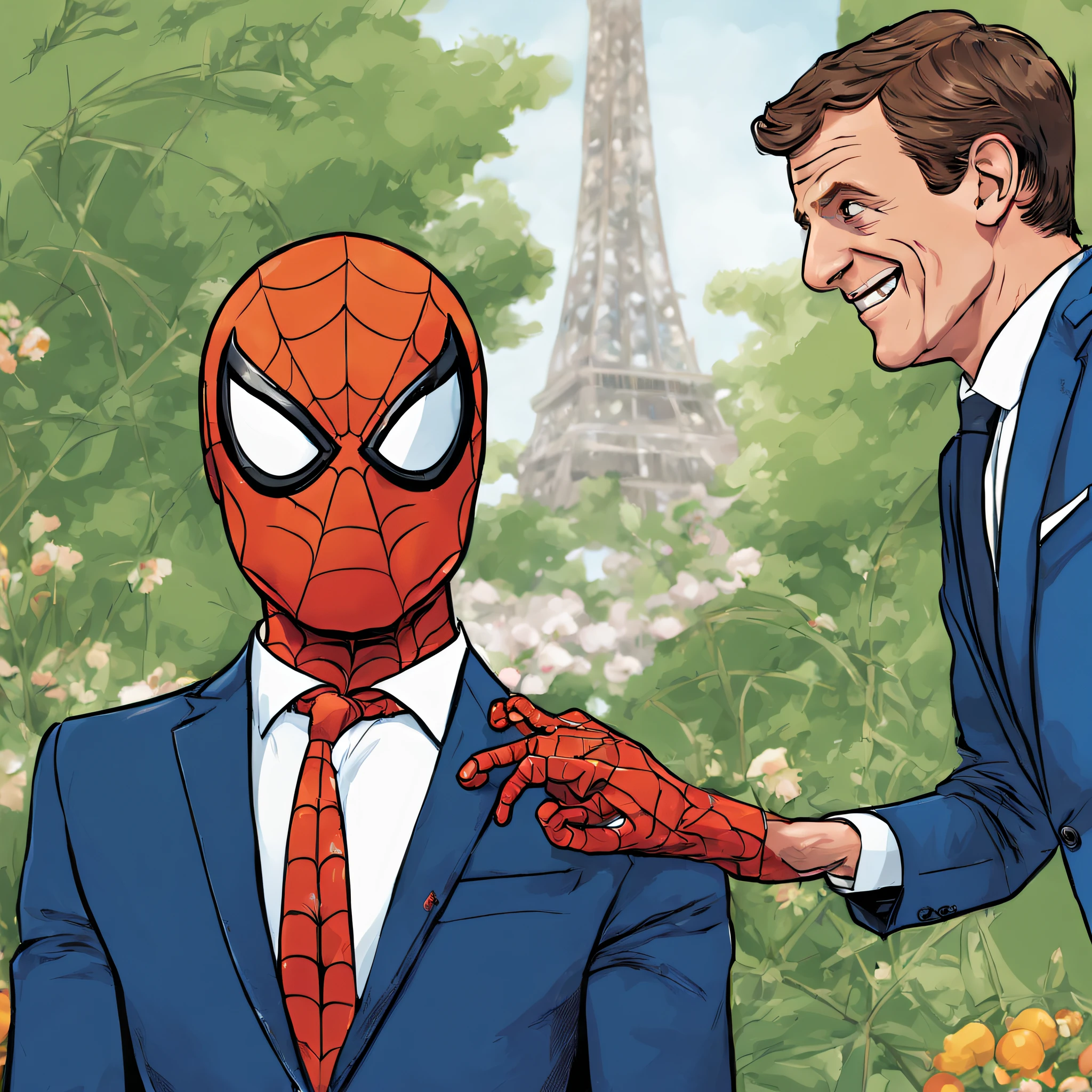 (drawing,colorful,Spider-Man presenting an orange to Emmanuel Macron),illustration,ultra-detailed,highres,physically-based rendering,vivid colors,studio lighting,Spider-Man in full costume,Emmanuel Macron in a suit,Spider-Man with detailed web pattern,Spider-Man holding a juicy orange,Emmanuel Macron with a surprised expression,Spider-Man and Emmanuel Macron standing in a French garden,beautiful flowers in the background,Spider-Man's mask reflecting light,emphasizing the colors,Spider-Man's muscular physique visible under the suit,Emmanuel Macron's characteristic features,Spider-Man and Emmanuel Macron in a friendly interaction,expressing positivity and collaboration