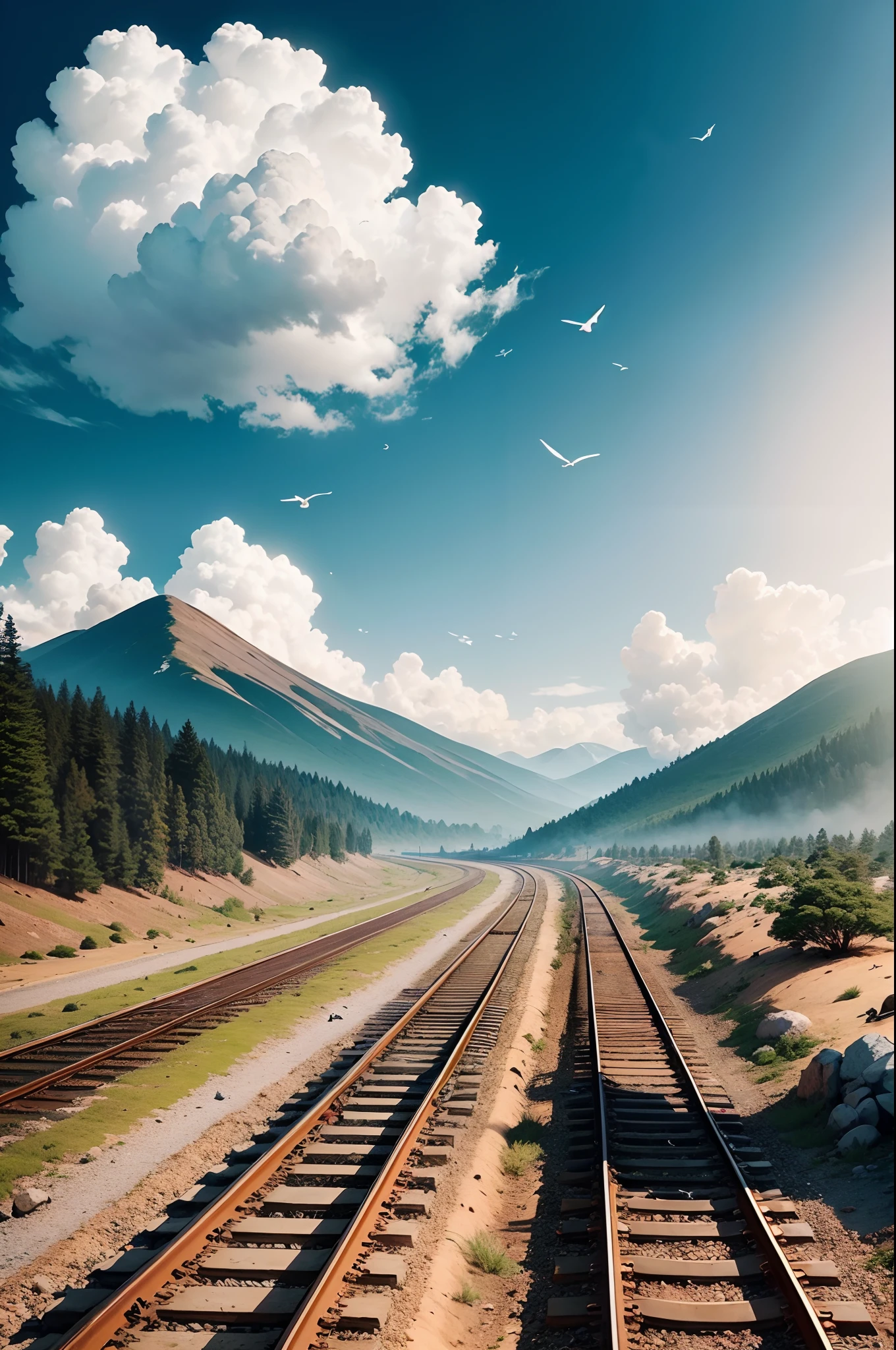 Garndes mountain with birds flying over, cervo branco com chifres gigantes, Rusty train tracks on the ground, com uma somba de homem, imagem majestosa. --auto