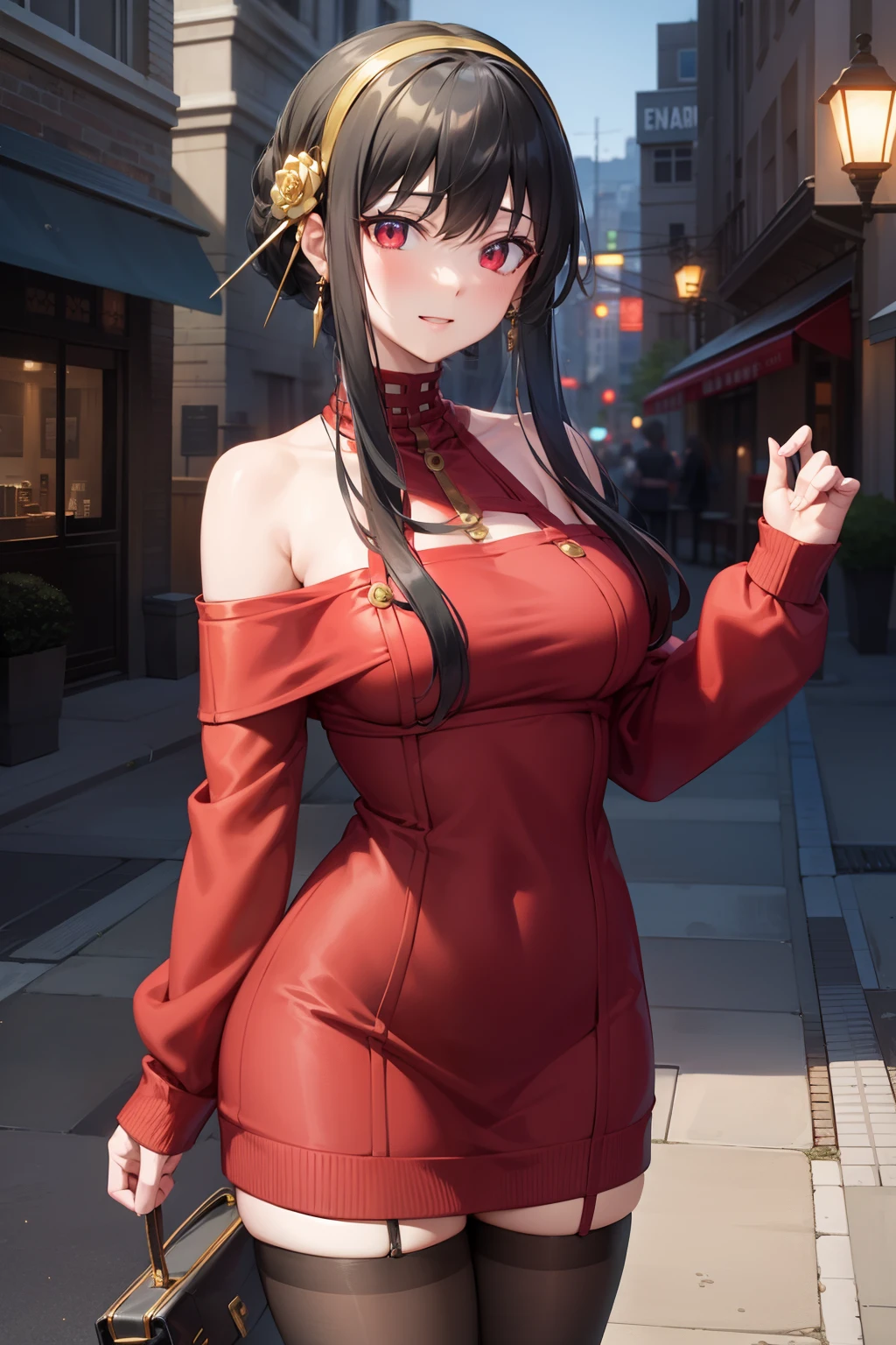 yorbriar, Yor Briar, Black hair, (Red Eyes:1.5), earrings, gold hairband, shairband, Long hair, side locks, BREAK bare shoulders, 鎖骨, Dress, Long sleeves, off shoulders, Off shoulder dress, off-the-shoulder sweater, pantyhose, Red Sweater, Sweaters, sweater dress, thighs thighs thighs thighs, BREAK outdoors, city, BREAK looking at viewer, (masutepiece:1.2), Best Quality, High resolution, Unity 8k壁纸, (Illustration:0.8), (Beautiful detailed eyes:1.6), extra detailed face, Perfect Lighting, extremely details CG, (Perfect hands, Perfect Anatomy),
,A smile、