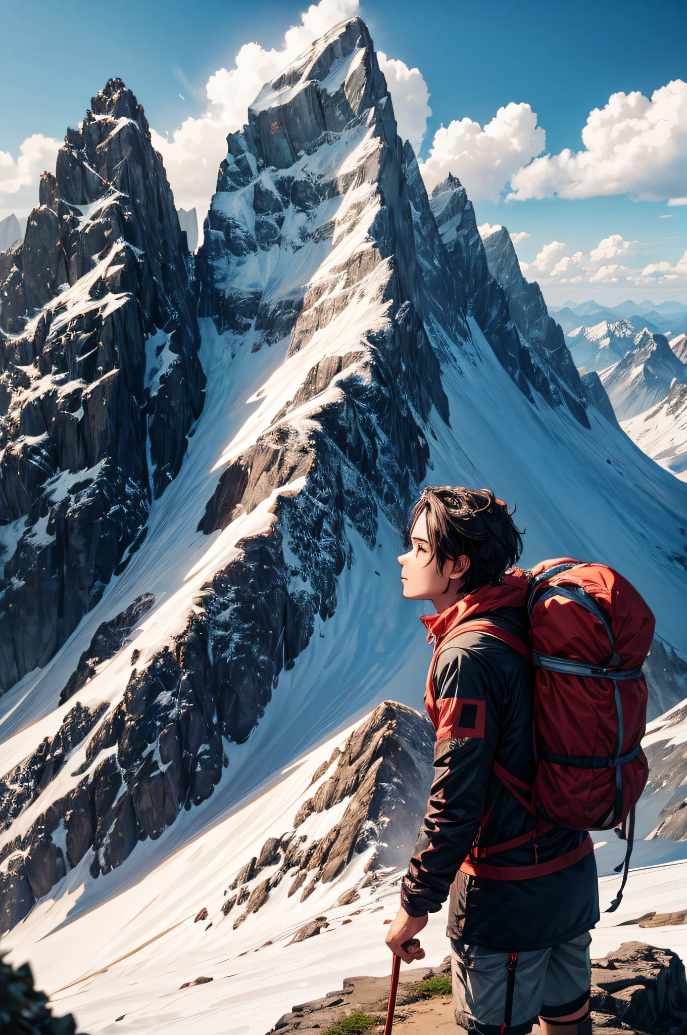 The hiker, having reached the mountain's summit, is now standing at the peak, gazing at the breathtaking view that stretches out before them. It's a moment that validates every struggle.