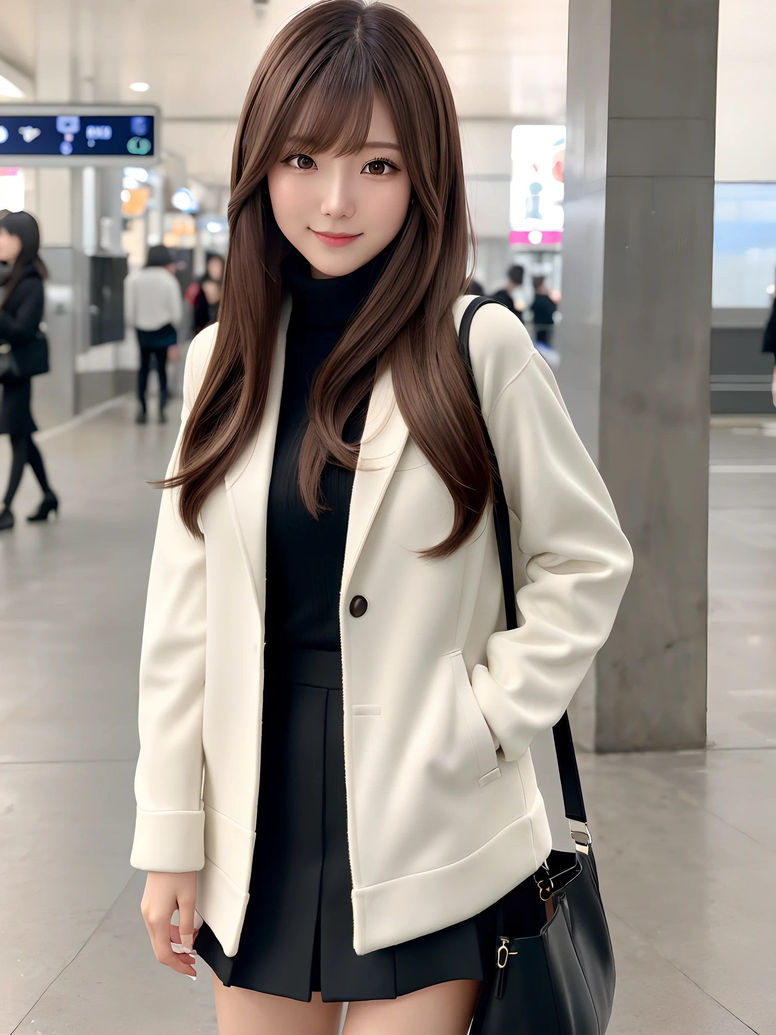 mastepiece, 1 girl per 1 photo, cowboy shot, front view, a Japanese young pretty girl, long bob hair, standing in a big station with a big smile in the city, white jacket over a black turtleneck sweater, black miniskirt, a tote bag over her shoulder, hyper cute face, glossy lips, double eyelids for both eyes, natural makeup, shiny smooth light brown hair of long bob hair, asymmetrical bangs, high resolution, high detail, detailed hairstyle, detailed face, cinematic lighting, octane rendering, hyper realistic, perfect limbs, perfect anatomy