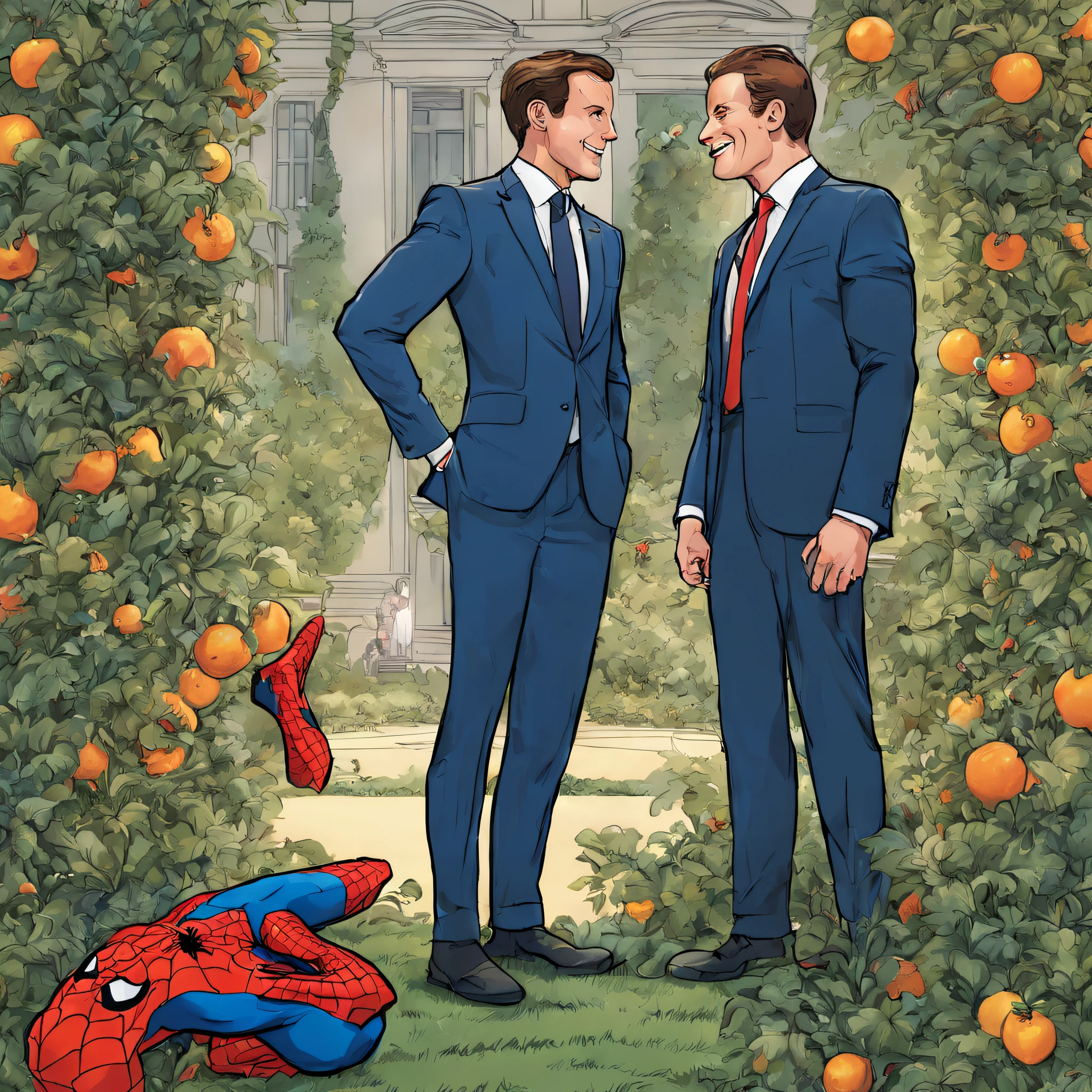 (drawing,colorful,Spider-Man presenting an orange to Emmanuel Macron),illustration,ultra-detailed,highres,physically-based rendering,vivid colors,studio lighting,Spider-Man in full costume,Emmanuel Macron in a suit,Spider-Man with detailed web pattern,Spider-Man holding a juicy orange,Emmanuel Macron with a surprised expression,Spider-Man and Emmanuel Macron standing in a French garden,beautiful flowers in the background,Spider-Man's mask reflecting light,emphasizing the colors,Spider-Man's muscular physique visible under the suit,Emmanuel Macron's characteristic features,Spider-Man and Emmanuel Macron in a friendly interaction,expressing positivity and collaboration