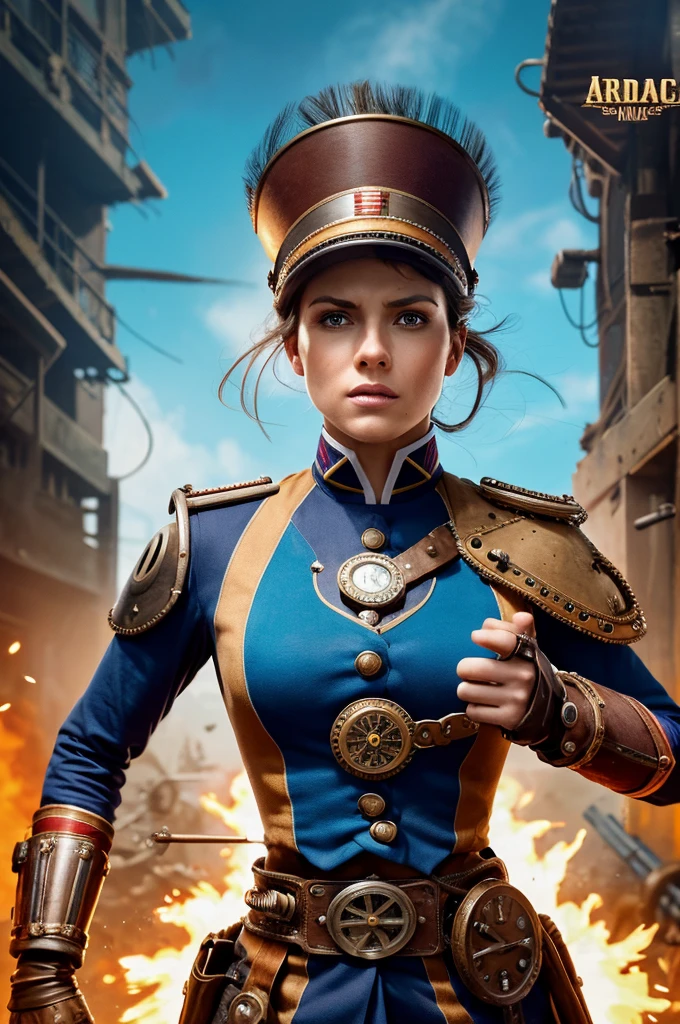 Arte em cores estilo Alex Horley, General Athletic Lined Woman Steampunk, trajando farda Azul, Dynamic shouting orders, Steampunk war scenario, Ultra HD images definition 3840x2160.