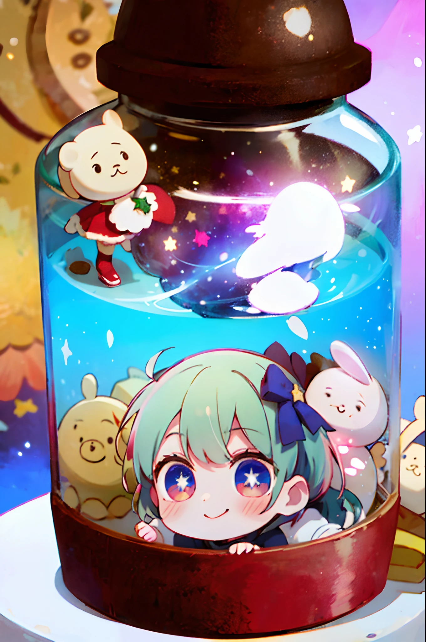 ((top-quality))、 ((​masterpiece))、A chibi doll trapped in a magic jar、Cute girl dressed as Santa Claus and doll present、A smile、Chibi Doll、Stars in the eyes（kirakira）、Eye Up、Laugh、Cute red shoes、foco nítido, Ultra Detail, radiant light、bio luminescent、Taken from the side、Stronger bokeh effect