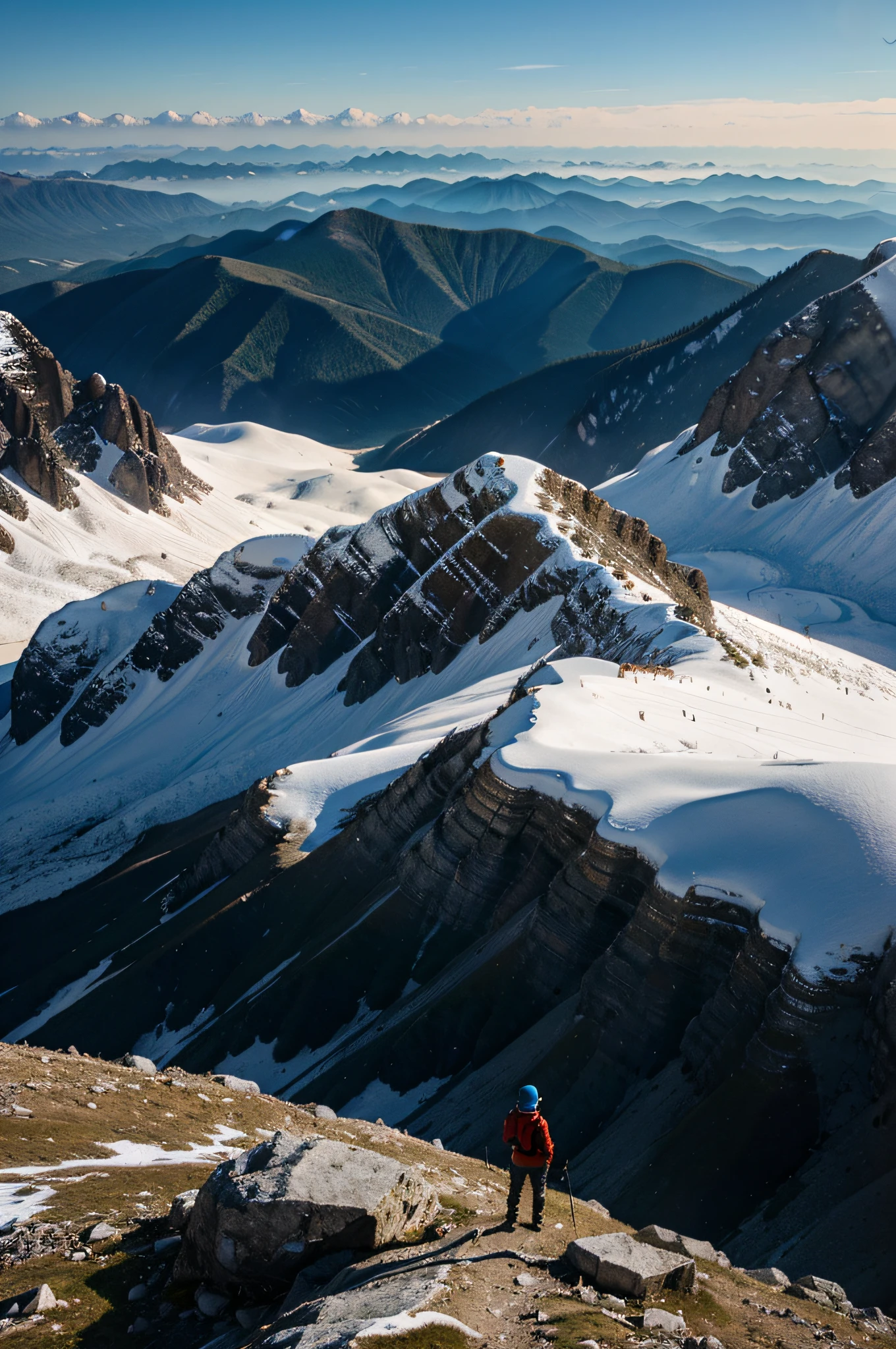 The hiker, having reached the mountain's summit, is now standing at the peak, gazing at the breathtaking view that stretches out before them. It's a moment that validates every struggle.