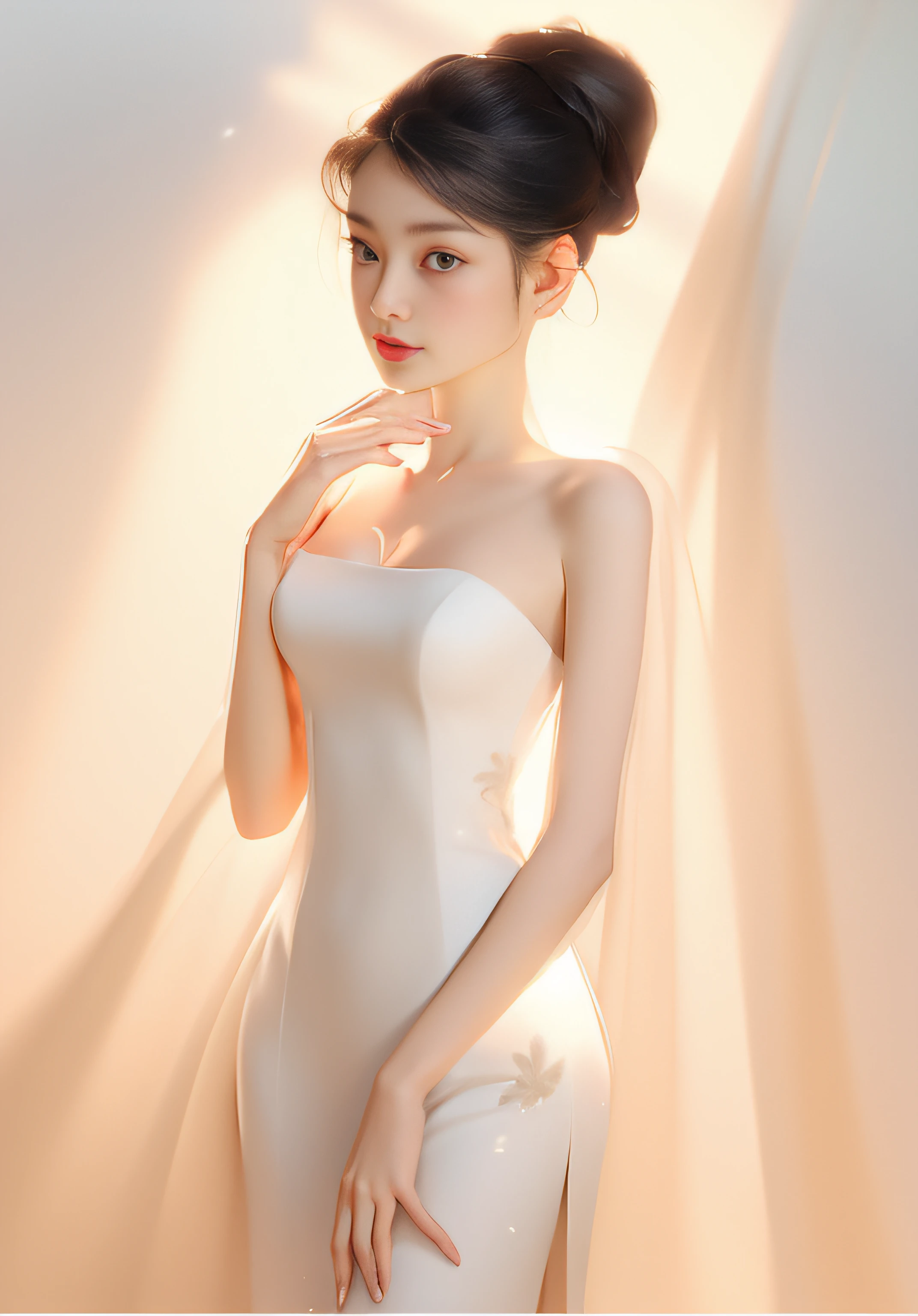 a close up of a woman wearing a white dress and a red lipstick, Delicate girl，Fine fine skin，Textured skin，digital art of an elegant, a beautiful woman in white aodai, elegant japanese woman, A beautiful artwork illustration, elegant lady with alabaster skin, half-turned lady in evening gown, Dressed in elegant dresses, Cheongsam, girl in a dress, elegant profile pose, cute elegant pose，in style of digital illustration, 3 D rendering character art 8 K, stunning art style, Anime style. 8K, Cartoon style illustration, anime styled 3d, stylized portrait formal pose, Stylized digital art, stunning digital illustration, 2D illustration