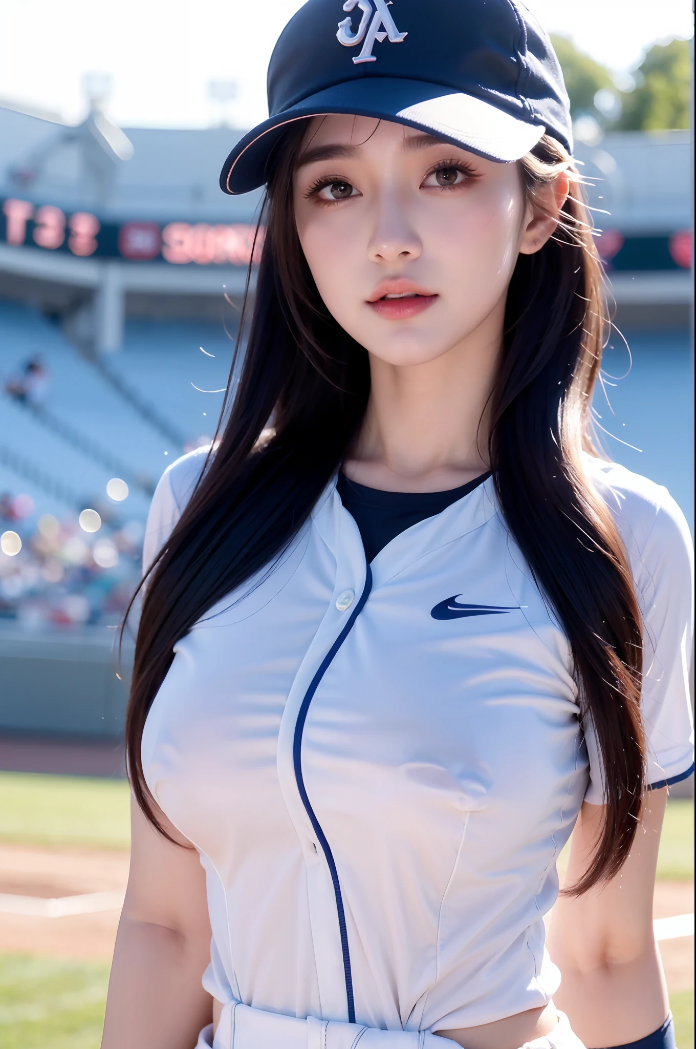 (Details of a very beautiful face), (Best quality:1.4), 8K resolution, high resolution, 1womanl, Beautiful woman, The best beauty, Super beautiful detail face, Smooth skin, Beautiful eyes that are not meticulous, Fine skin texture, Gloss on lips, parted lip, Japanese, Baseball uniforms, baseball cap,, Large breasts, Thin waist, big assa, Play baseball, baseball stadium, full of sweat, splashing sweat, Pitching action, Leaping, Dynamic pose,Hand detail（1.5）