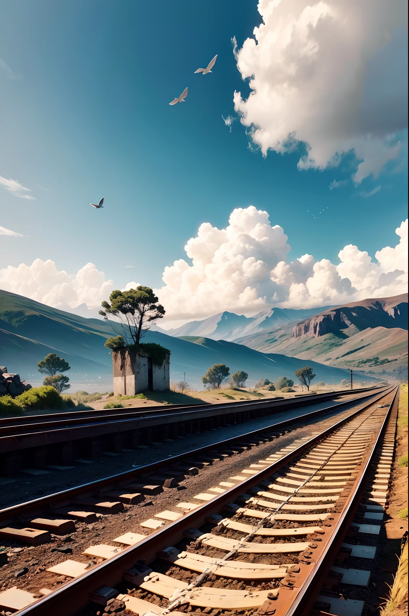 Garndes mountain with birds flying over, cervo branco com chifres gigantes, Rusty train tracks on the ground, com uma somba de homem, imagem majestosa. --auto