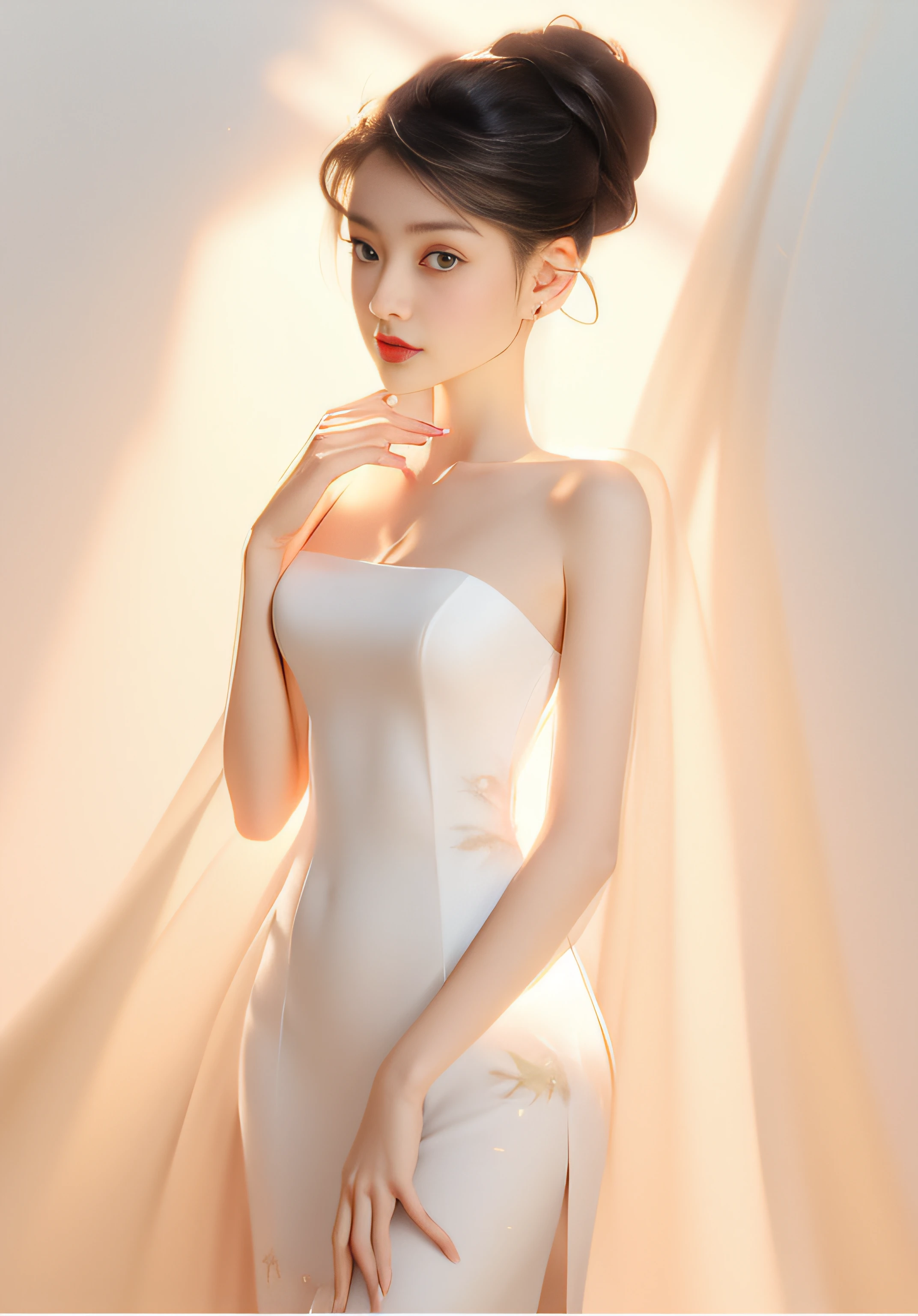 a close up of a woman wearing a white dress and a red lipstick, digital art of an elegant, a beautiful woman in white aodai, elegant japanese woman, A beautiful artwork illustration, elegant lady with alabaster skin, half-turned lady in evening gown, Dressed in elegant dresses, Cheongsam, girl in a dress, elegant profile pose, cute elegant pose,in style of digital illustration, 3 D rendering character art 8 K, stunning art style, Anime style. 8K, Cartoon style illustration, anime styled 3d, stylized portrait formal pose, Stylized digital art, stunning digital illustration, 2D illustration