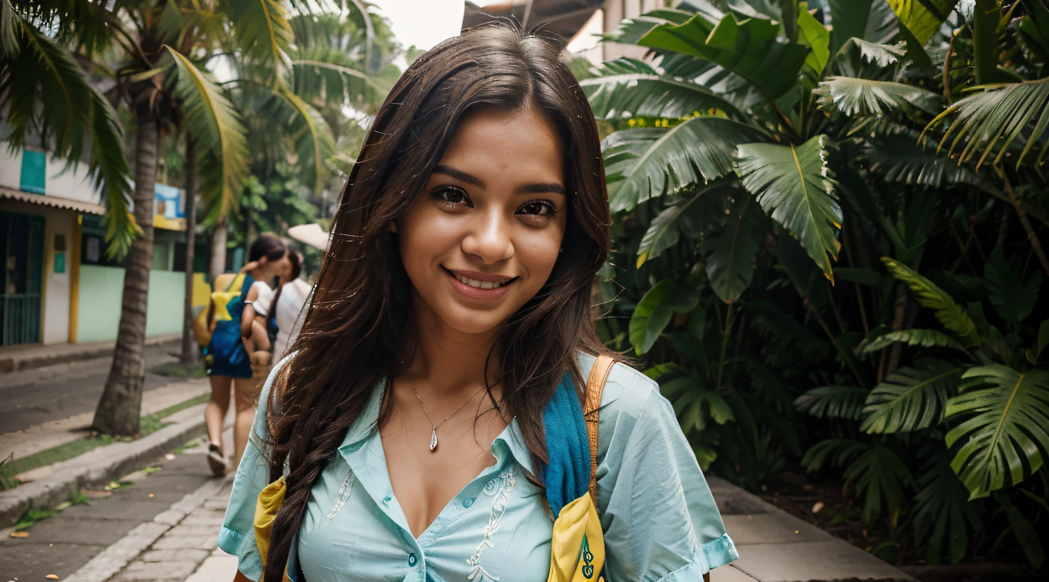 Criar uma imagem de um estudante brasileiro do Rio de Janeiro, Walking on the university campus. Ela tem pele morena e lisa, cabelo preto que cai suavemente sobre seus ombros. His eyes are brown and expressive, reflecting the liveliness and joy typical of the Brazilian people. The girl is wearing a blue short-sleeved blouse, typical of Brazil's tropical climate. Ela carrega uma mochila de estudante nas costas, adorned with colorful flecks that represent your creative and laid-back personality. His smile is contagious, revelando a gentileza e simpatia comuns entre os brasileiros. Enquanto caminha pelo campus, palmeiras e outras plantas tropicais ao fundo destacam o ambiente tropical do Rio de Janeiro. Por favor, capture all the details that make her a typical Rio student (carioca), and ensure that the image conveys the authenticity and warmth characteristic of the Brazilian people