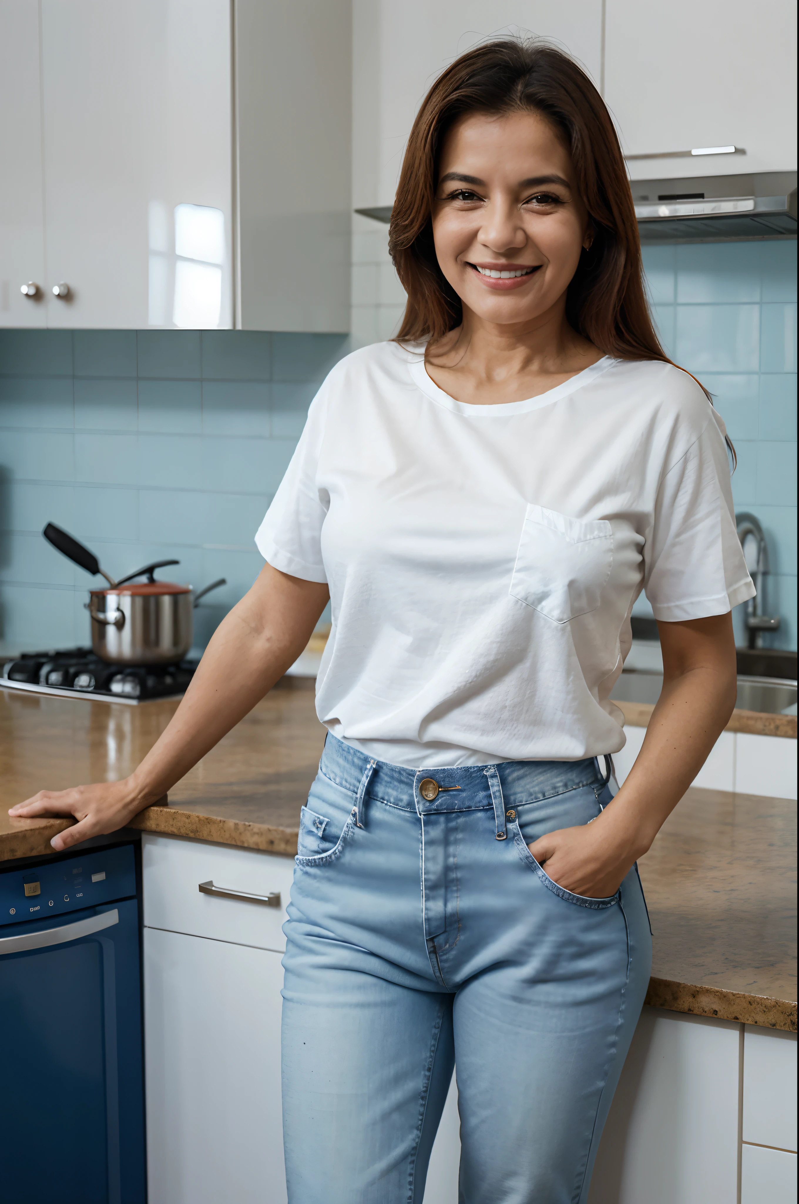 mulher brasileira, 70 anos, 80 quilos (Smiling and with my hands in my pockets), (wearing a long white shirt and blue jeans). standingn, na cozinha azul e branca. On top of the countertop is a red blender and the background of the image is slightly blurred