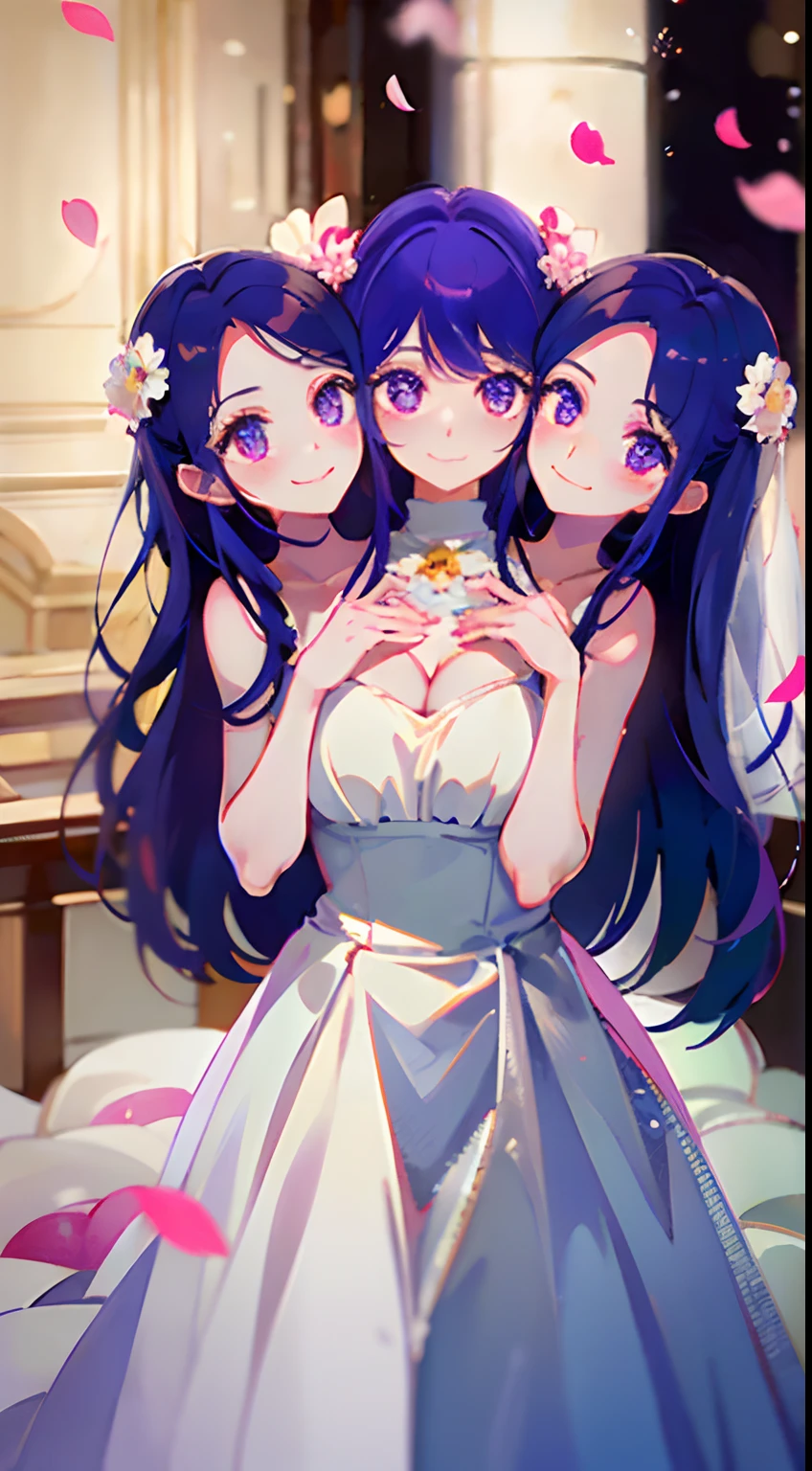 (masterpiece, best quality), best resolution, (three heads, 3heads:1.5), 1girll,((There is a five-pointed star in the eye))Gorgeous Hair in Long Purple,(wedding gown),falling flower petals,Bridge in the middle,