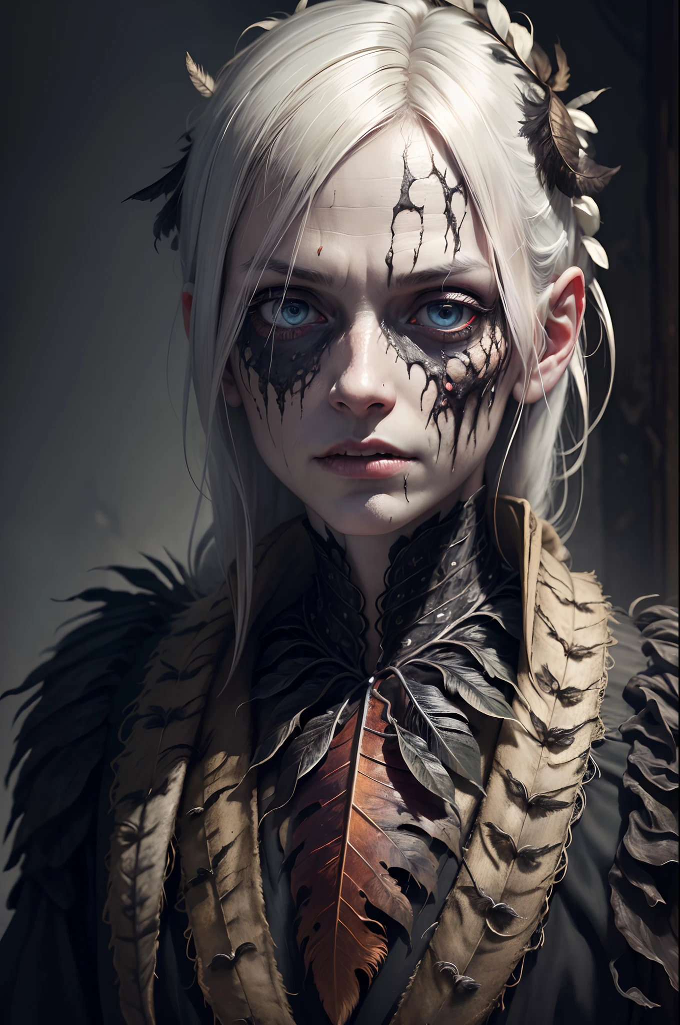 Horrifying dark art, portrait full face painting of a rotting, creepy, scary zombie, still frame with 1200k ultra high detailed eyes face skin, ((volumetric lighting, insane details, intricate textures, perfect details), hd, masterpiece, award-winning photograph, (ultrarealistic, natural feather structure, detailed textures), [by Caravaggio] Guillermo del Toro, full body scene , Mysterious --auto