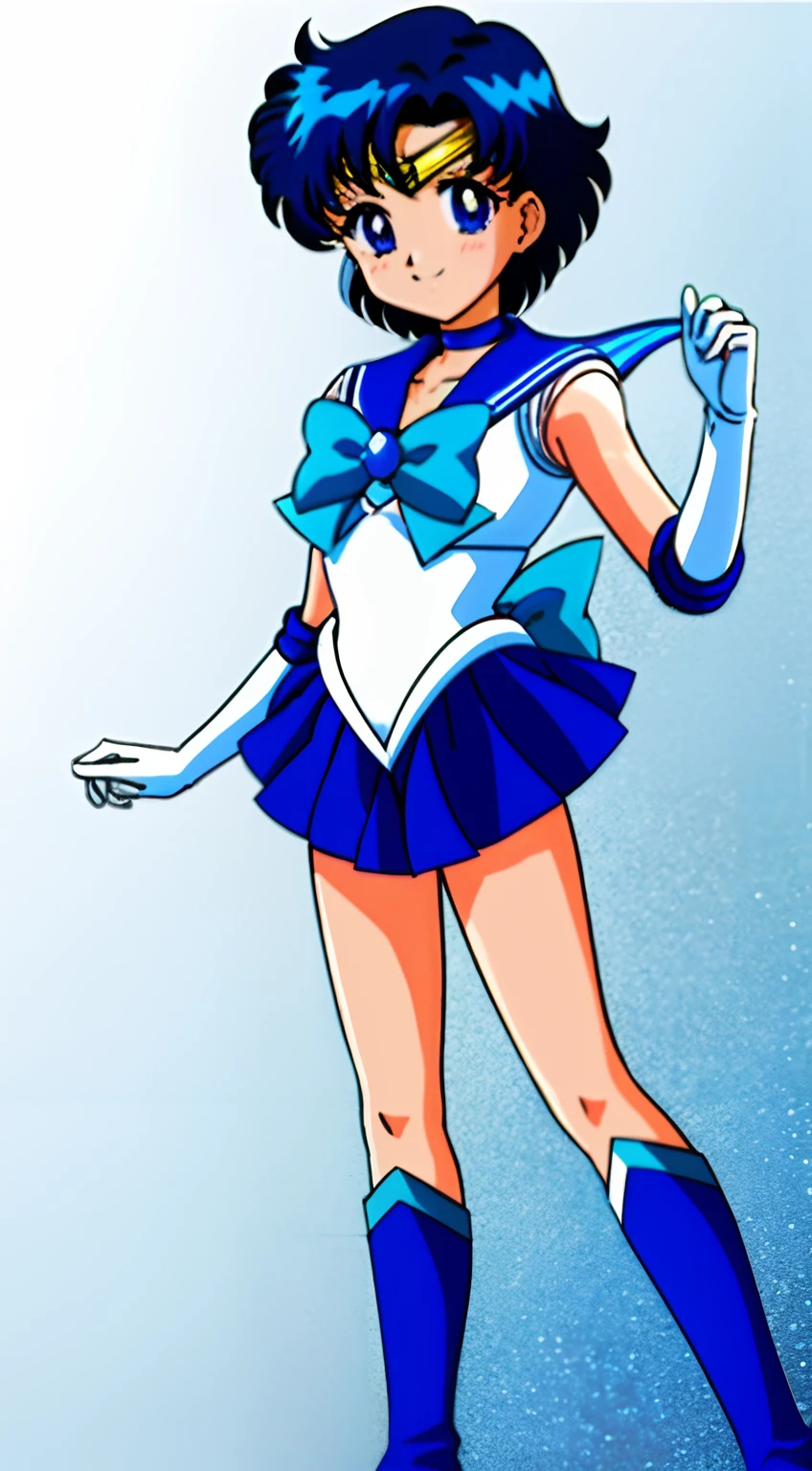 top-quality、​masterpiece、Sailor Senshi Uniform、Anime Boy、Handsome boy、 boys、Ami Mizuno、gender change、Sailor Mercury、gender change(Girls to boys)、rating:safe、solo、Blue sailor collar、Sky blue bow tie、Magical Boy、Blue choker、Very short blue-haired boy、jewelry、skirt、耳Nipple Ring、white glove、elbowgloves、bow、Blue knee boots、Blue Heeled Boots、a blue skirt、circlet、Blue-eyed boy、back_bow、White leotard、highleg leotard、robe blanche、Boy with very short black hair、blue_bow、sky blue_bow、white_bow、Boy standing、smile、a miniskirt、pleatedskirt、Muscular men、photo、Bare shoulders、bare legs、Hymn of the King as a Prince、(1990's\(styles\):0.9)、